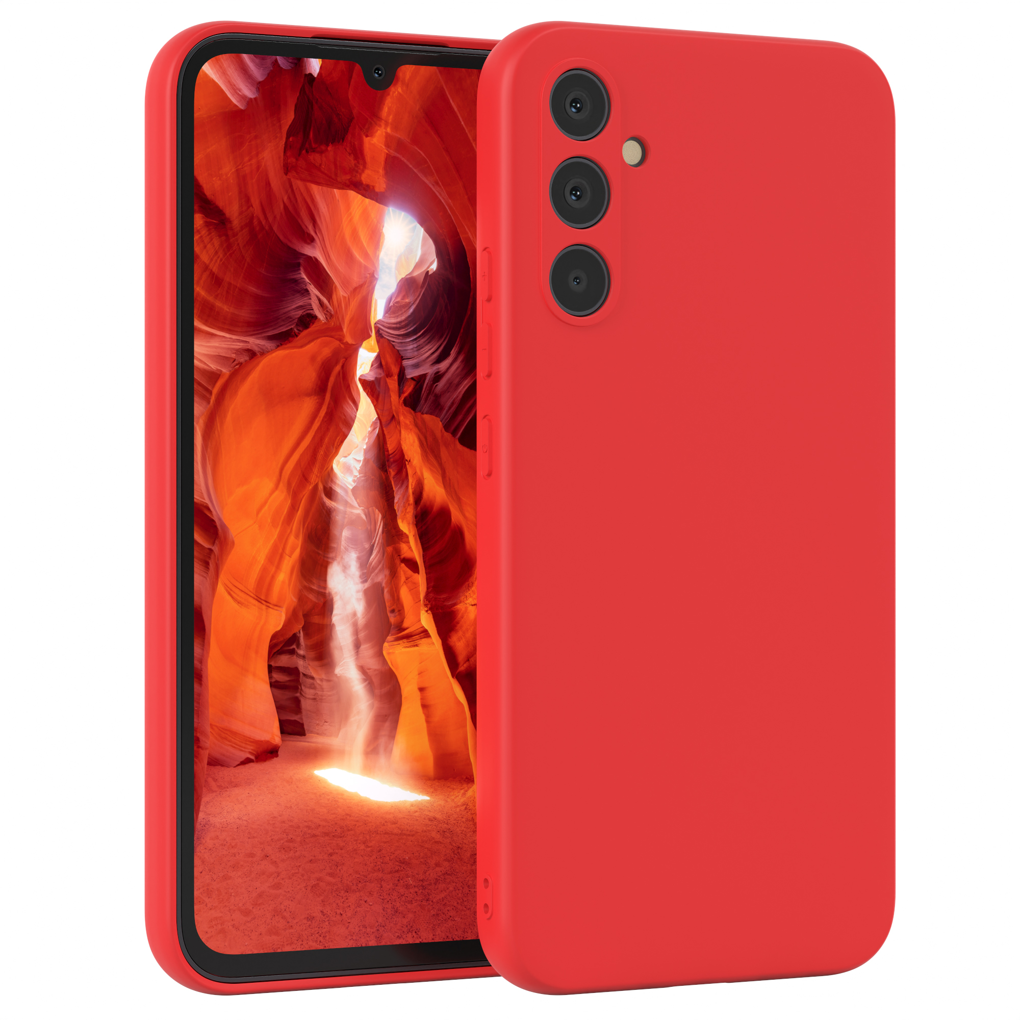 Ein rotes Telefon mit roter Hülle. Der Bildschirm zeigt einen orangefarbenen Canyon.