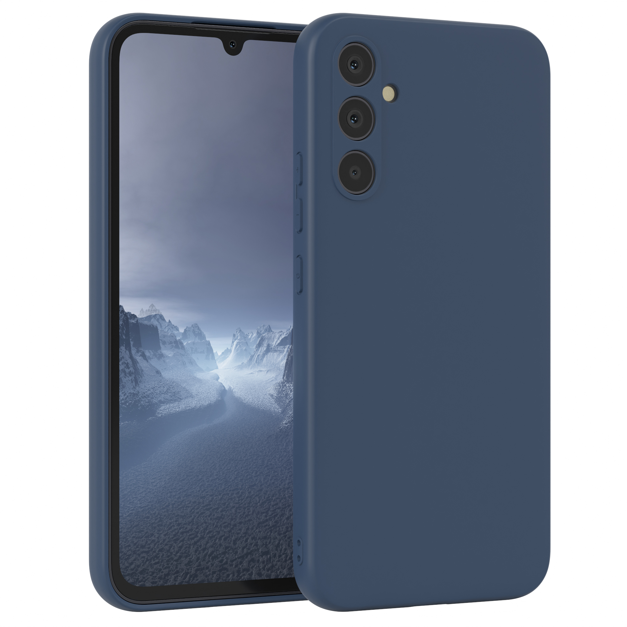 Blaue Handyhülle mit Telefon. Hintergrund ist eine Berglandschaft.