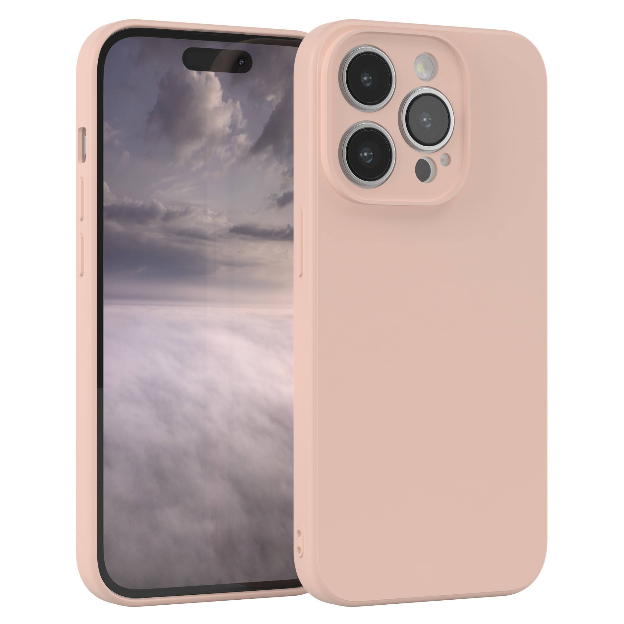 Rosa Handyhülle auf einem Telefon. Der Bildschirm zeigt einen bewölkten Himmel.