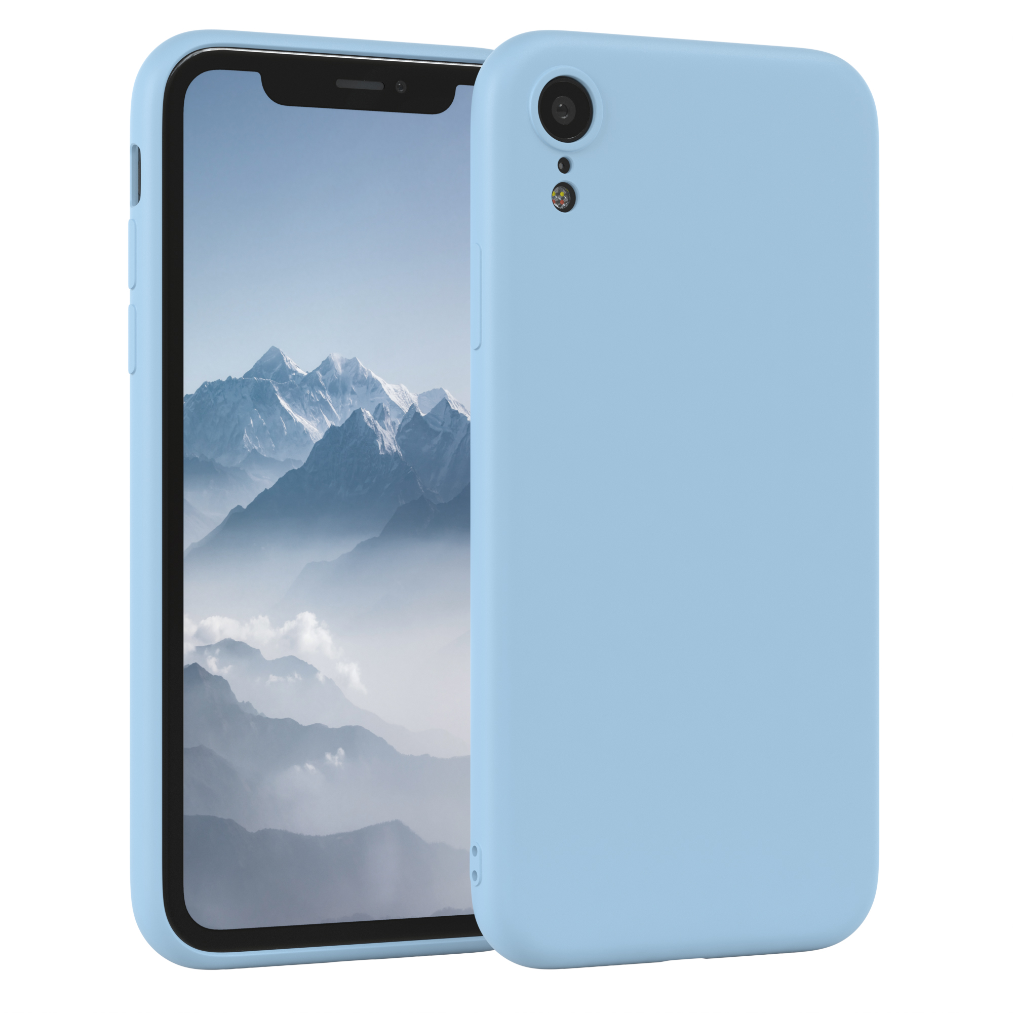 Eine hellblaue Handyhülle bedeckt ein Smartphone. Der Hintergrund ist weiß.