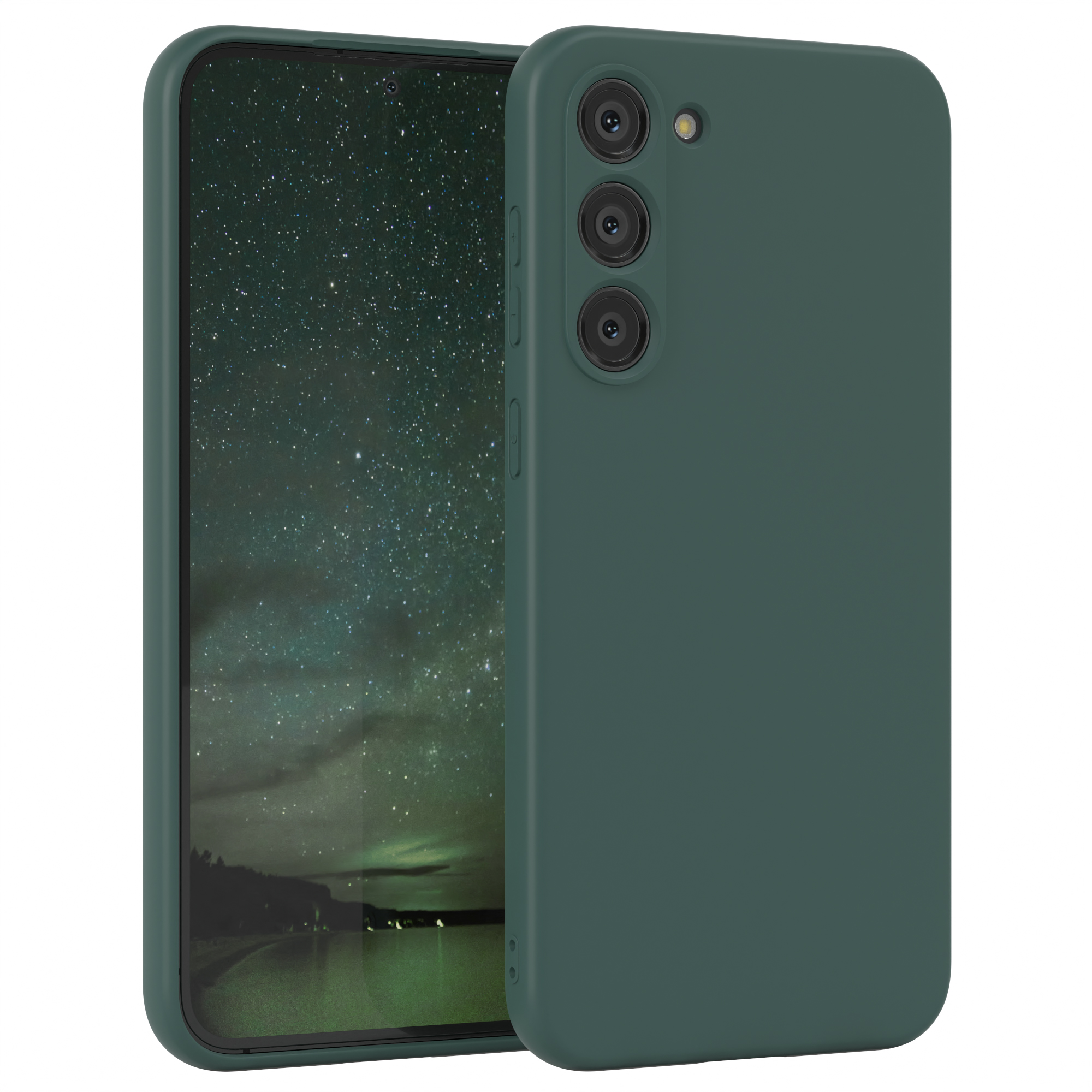 Dunkelgrüne Handyhülle und Telefon, das Telefon zeigt einen Nachthimmel mit Sternen.
