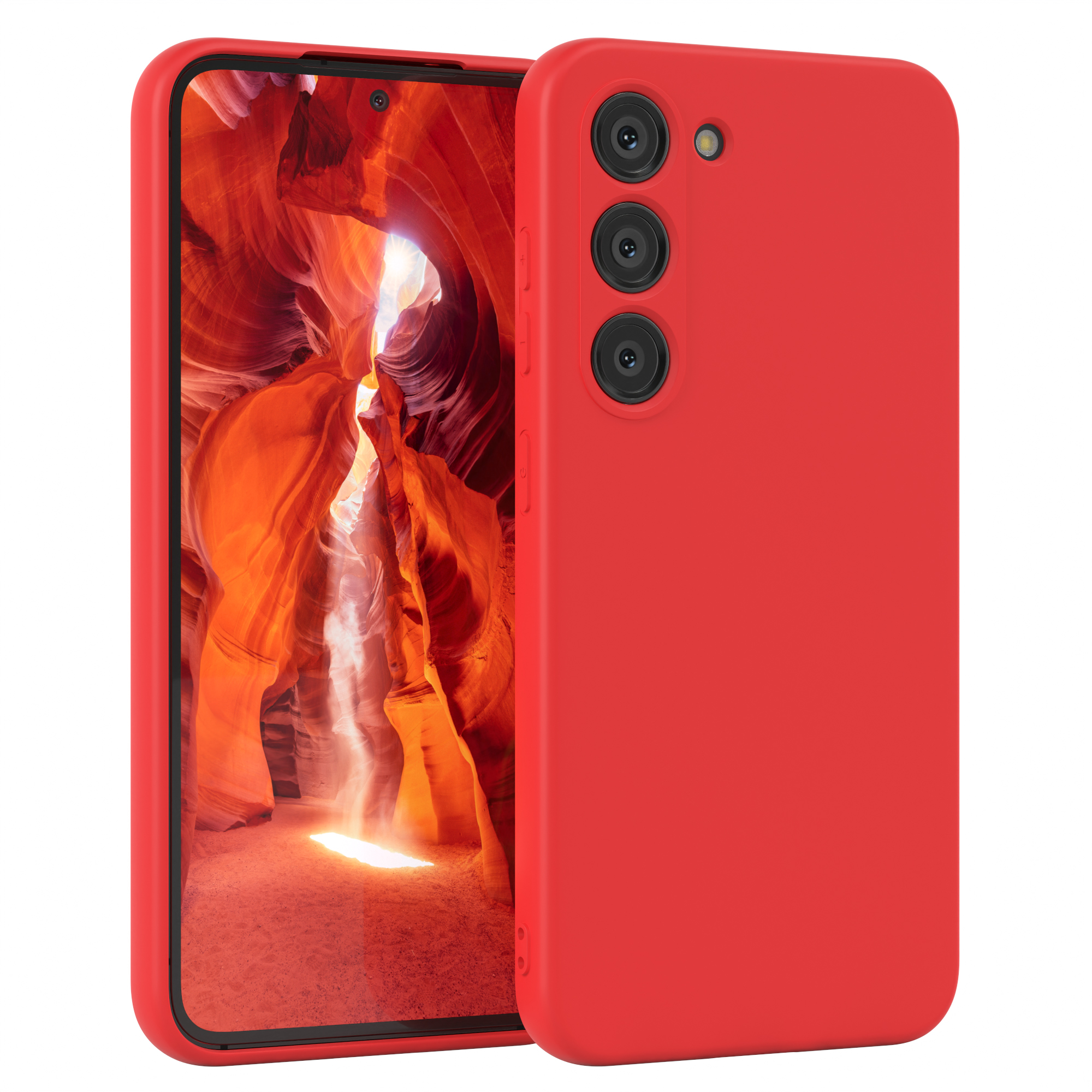 Rotes Smartphone mit Hülle, zeigt orange Felsformation auf dem Bildschirm.