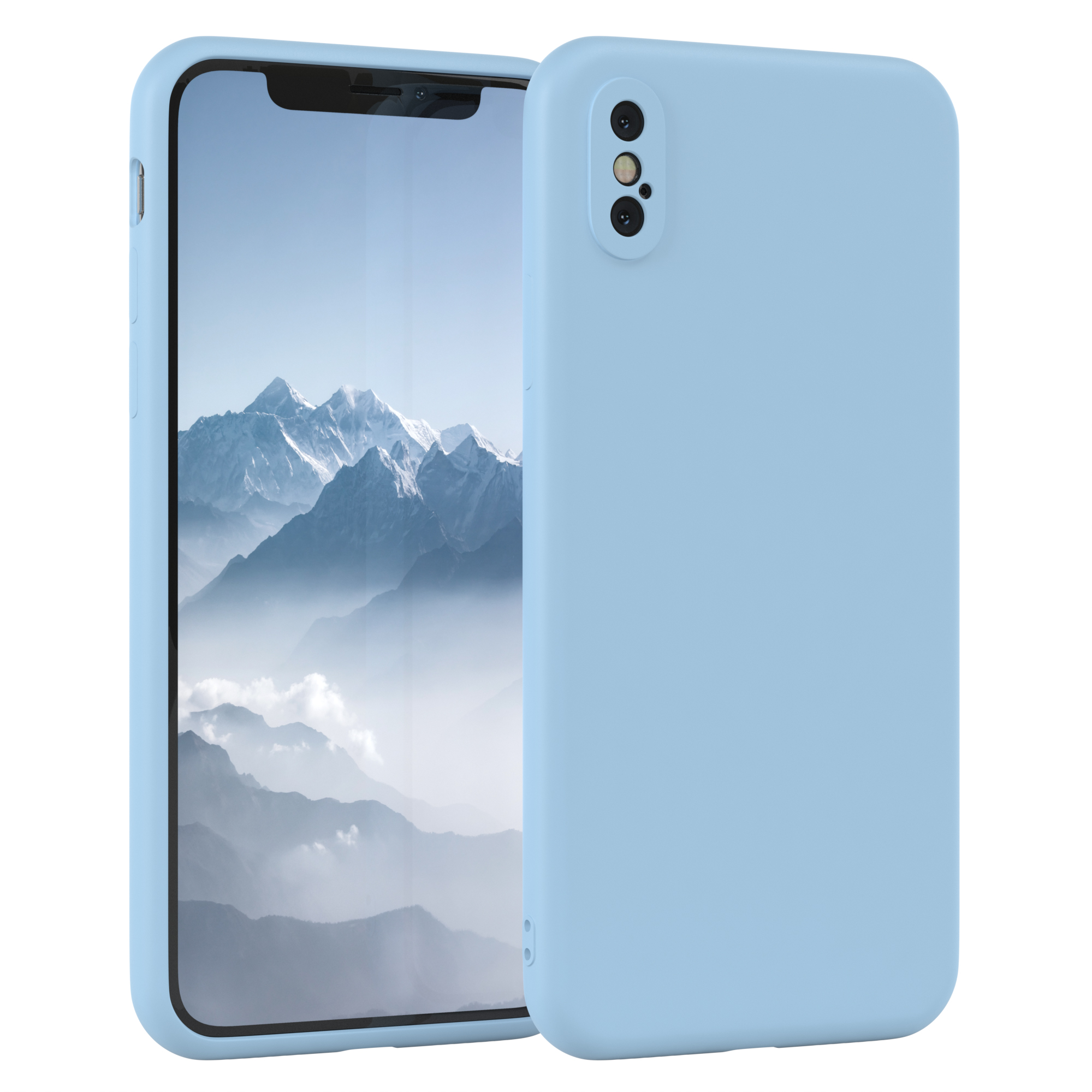 Hellblaue Handyhülle. Ein Telefon zeigt Berge. Weißer Hintergrund.