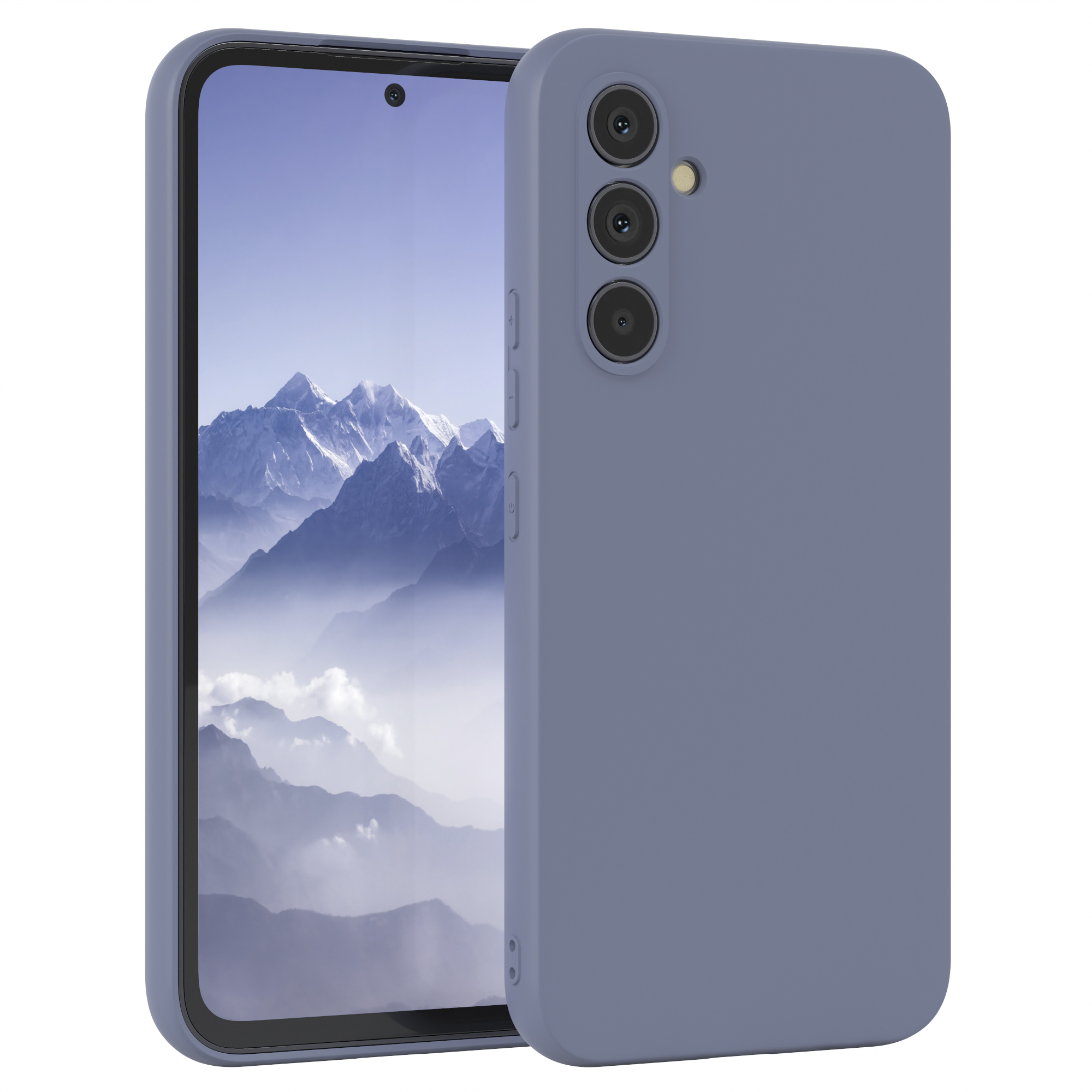 Blaues Telefon mit Hülle, zeigt Bildschirm mit Kameraausschnitten.