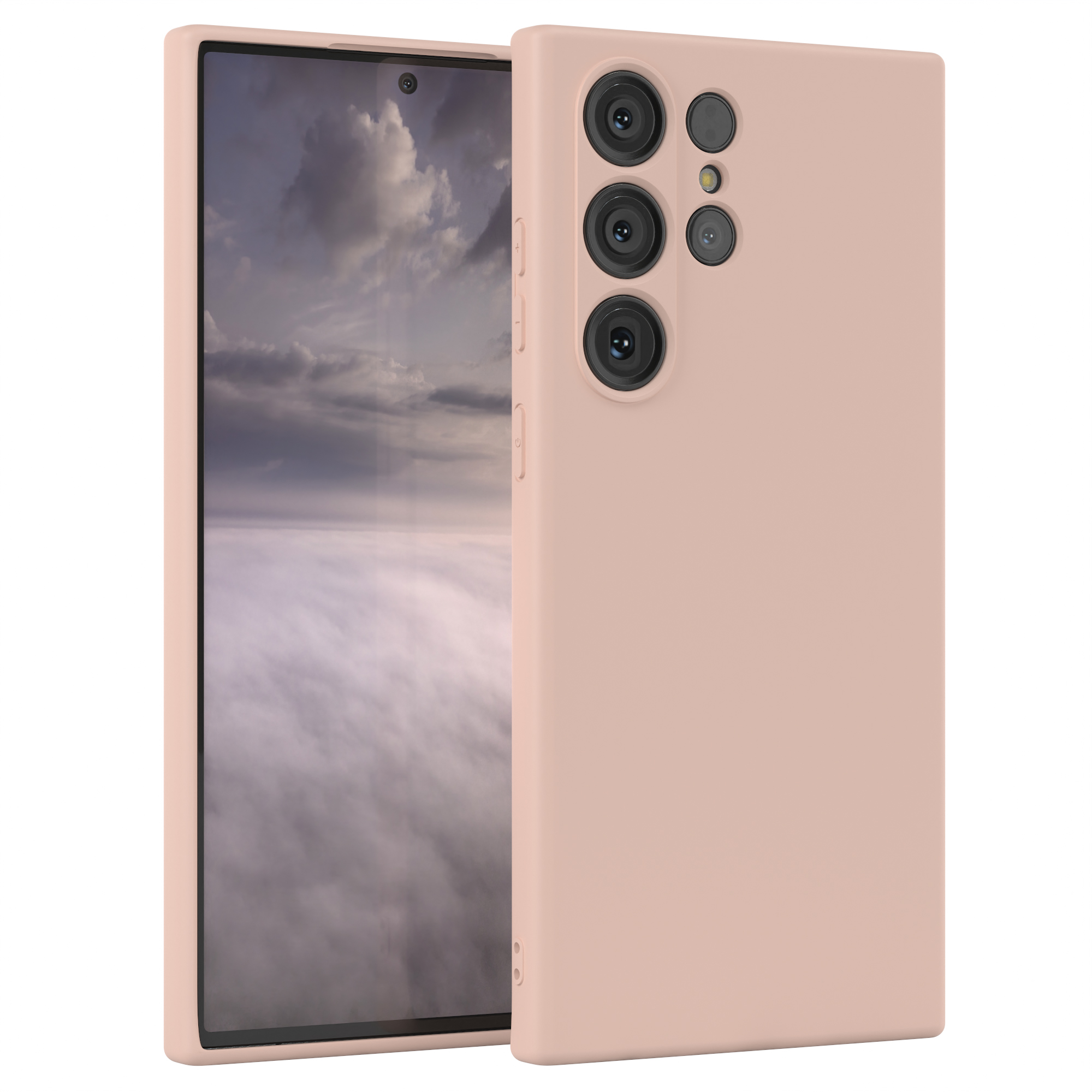 Telefon in rosa Hülle. Bildschirm zeigt Landschaft. Drei Kameralinsen auf der Rückseite.