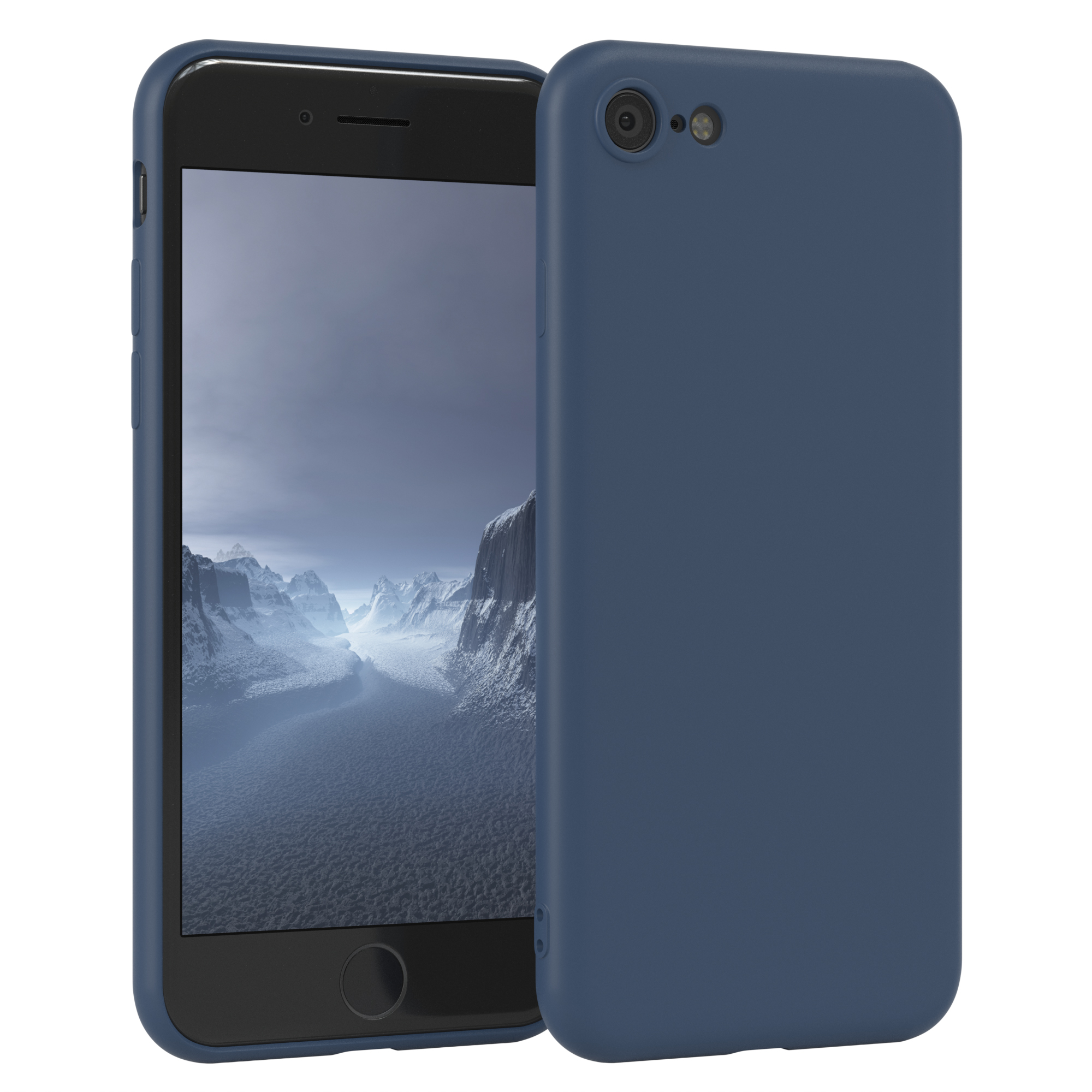 Dunkelblaue Handyhülle mit Handy, verschneiter Berg-Hintergrund.