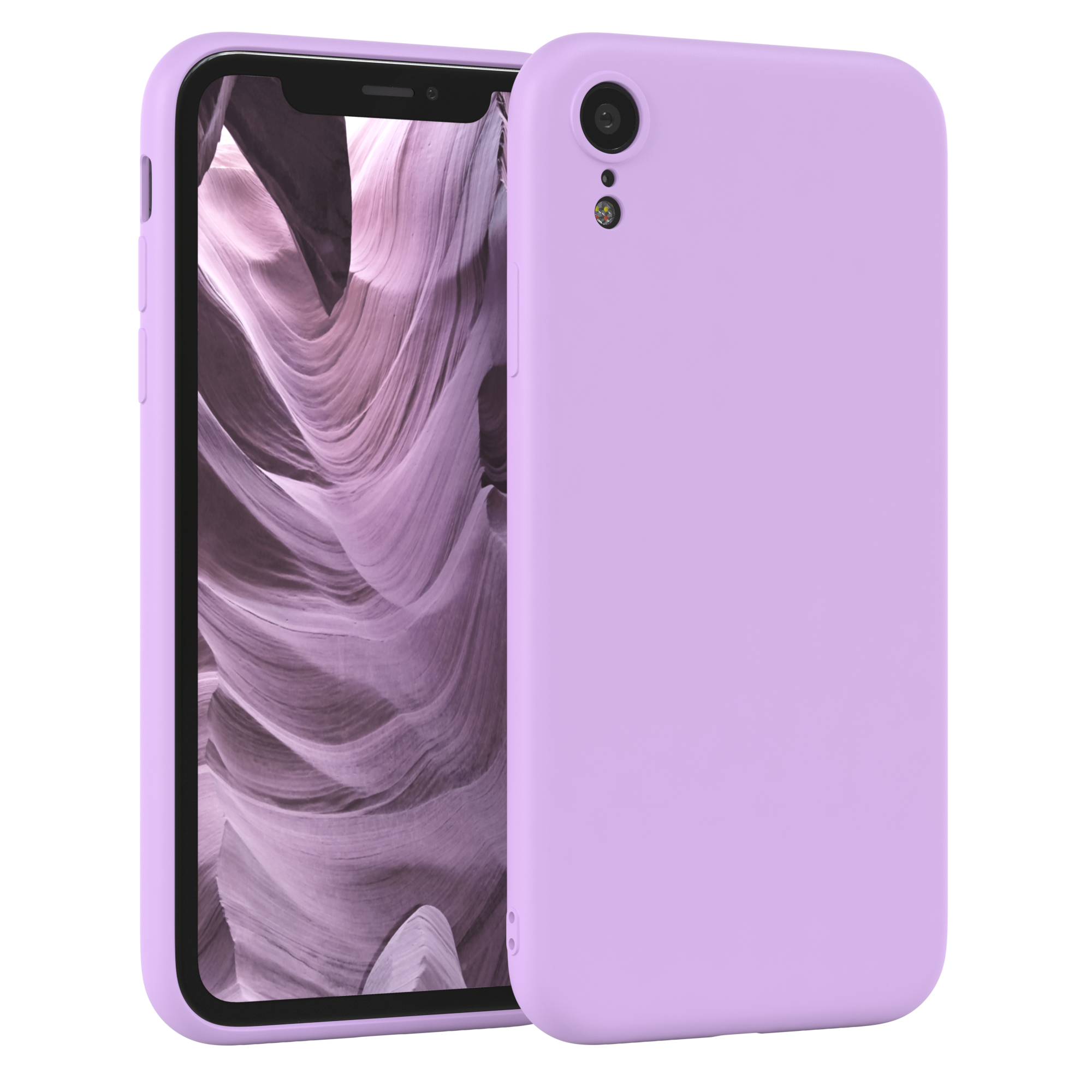 Zwei lavendelfarbene iPhone XR Hüllen. Ein Telefon eingesetzt, andere Hülle daneben. Weißer Hintergrund.