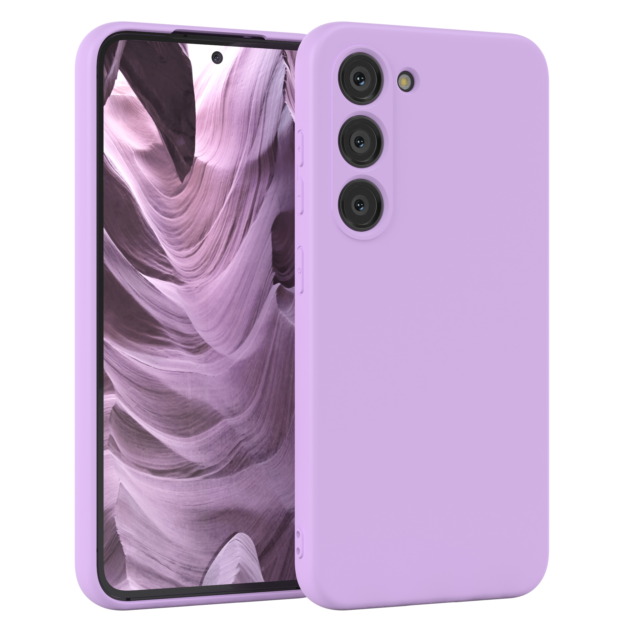 Eine hellviolette Handyhülle mit einem Samsung-Handy, das Rückkameras zeigt.