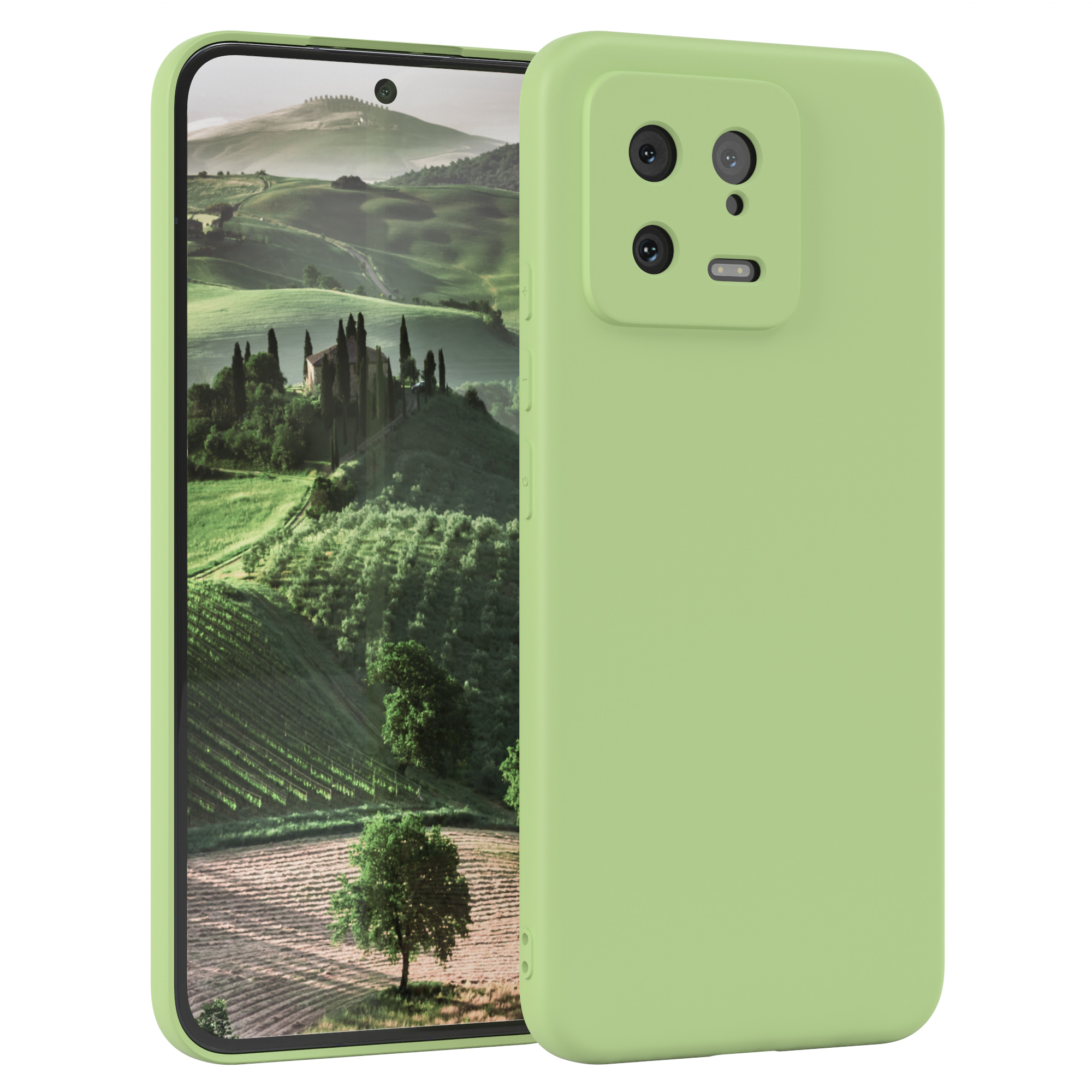 Ein grünes Telefon mit Hülle. Auf dem Bildschirm ist eine Landschaft mit Feld zu sehen.