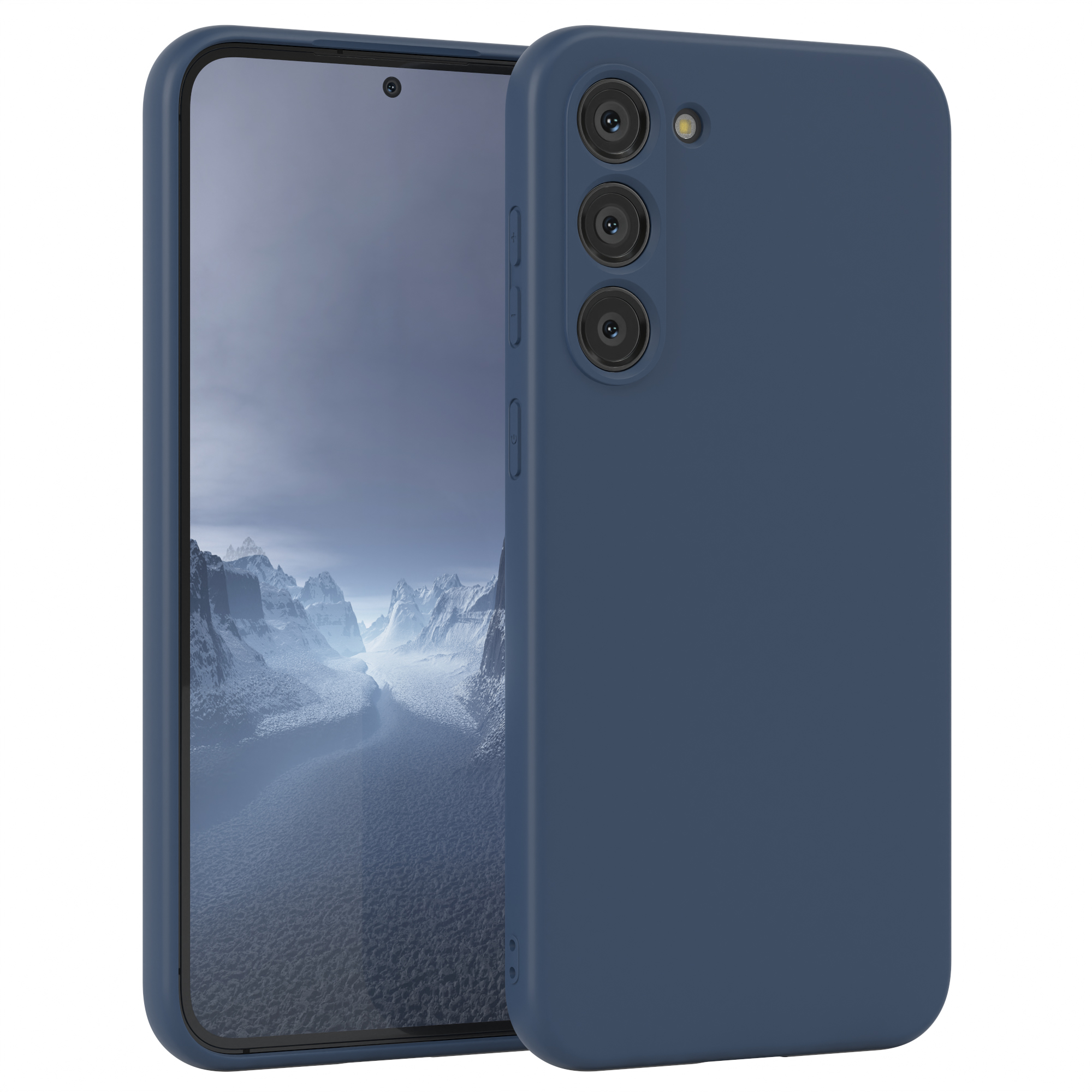 Eine blaue Handyhülle mit Telefon, das die Kameralinsen zeigt.