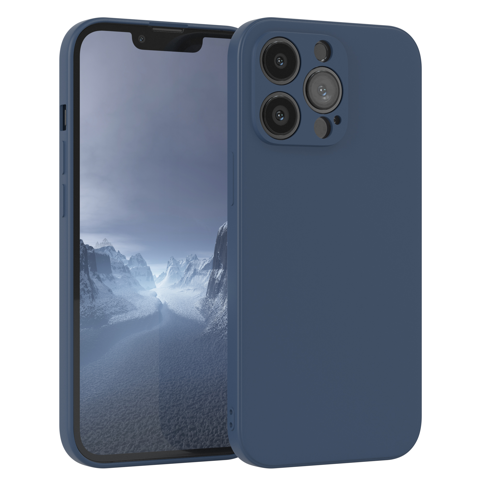 Eine marineblaue Handyhülle mit drei Kameras. Die Hülle bedeckt die Rückseite eines Smartphones.