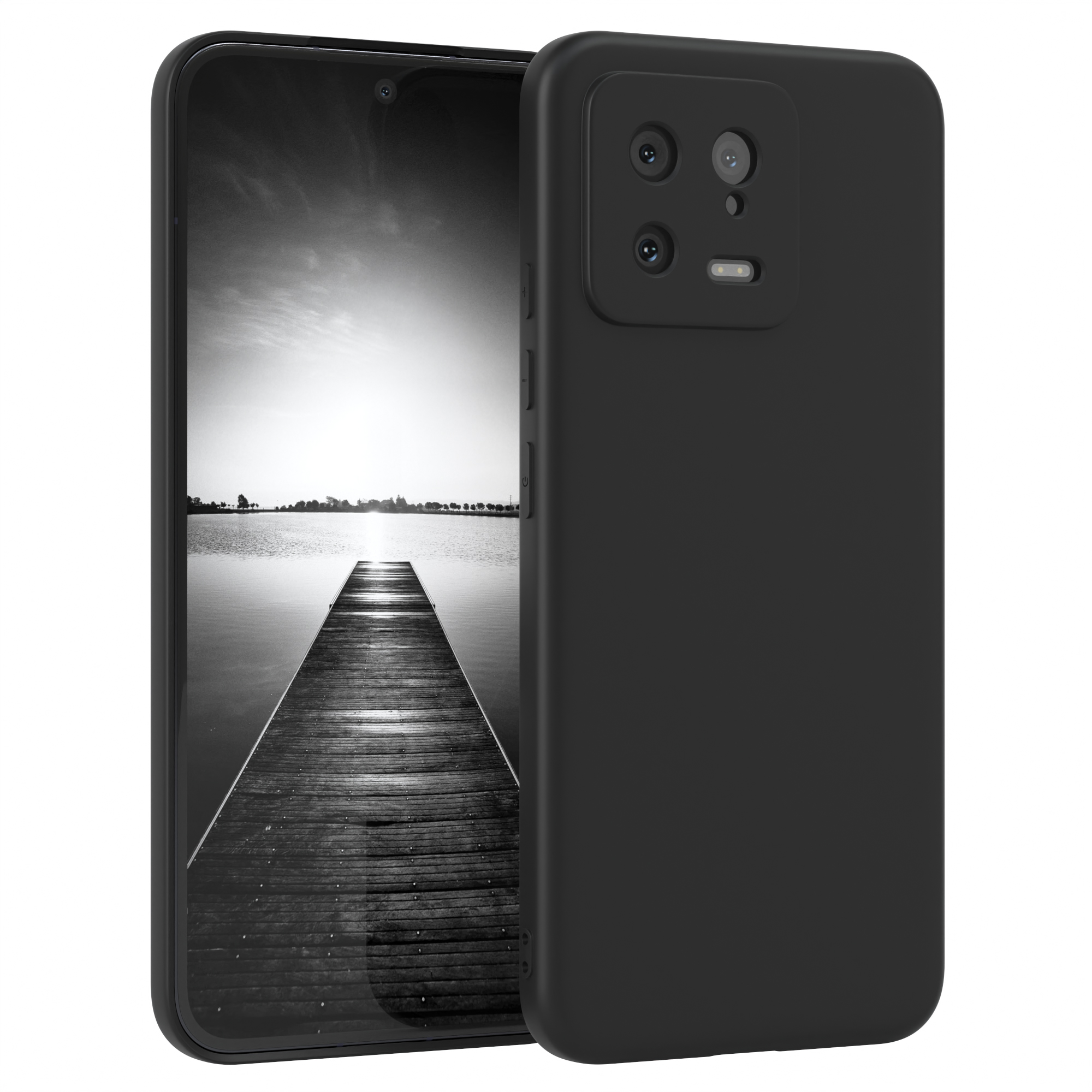 Ein schwarzes Telefon mit Hülle. Eine Schwarz-Weiß-Szene am See ist auf dem Bildschirm.