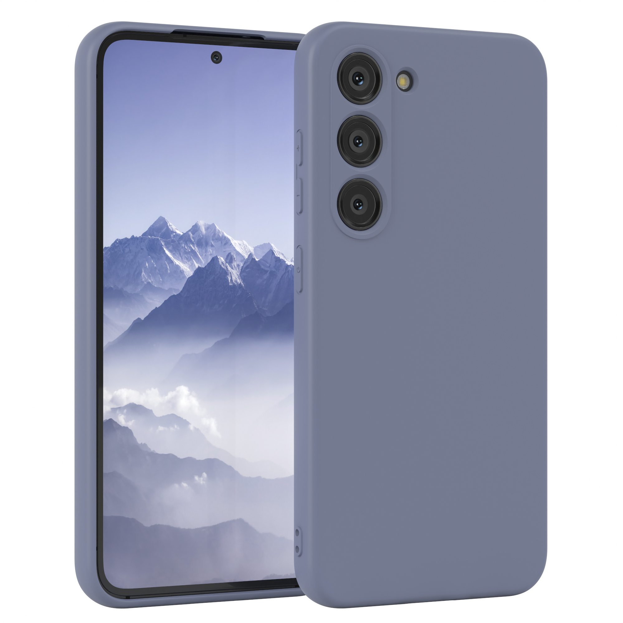 Blaues Smartphone mit drei Kameras, das an einem anderen Telefon lehnt. Weißer Hintergrund.
