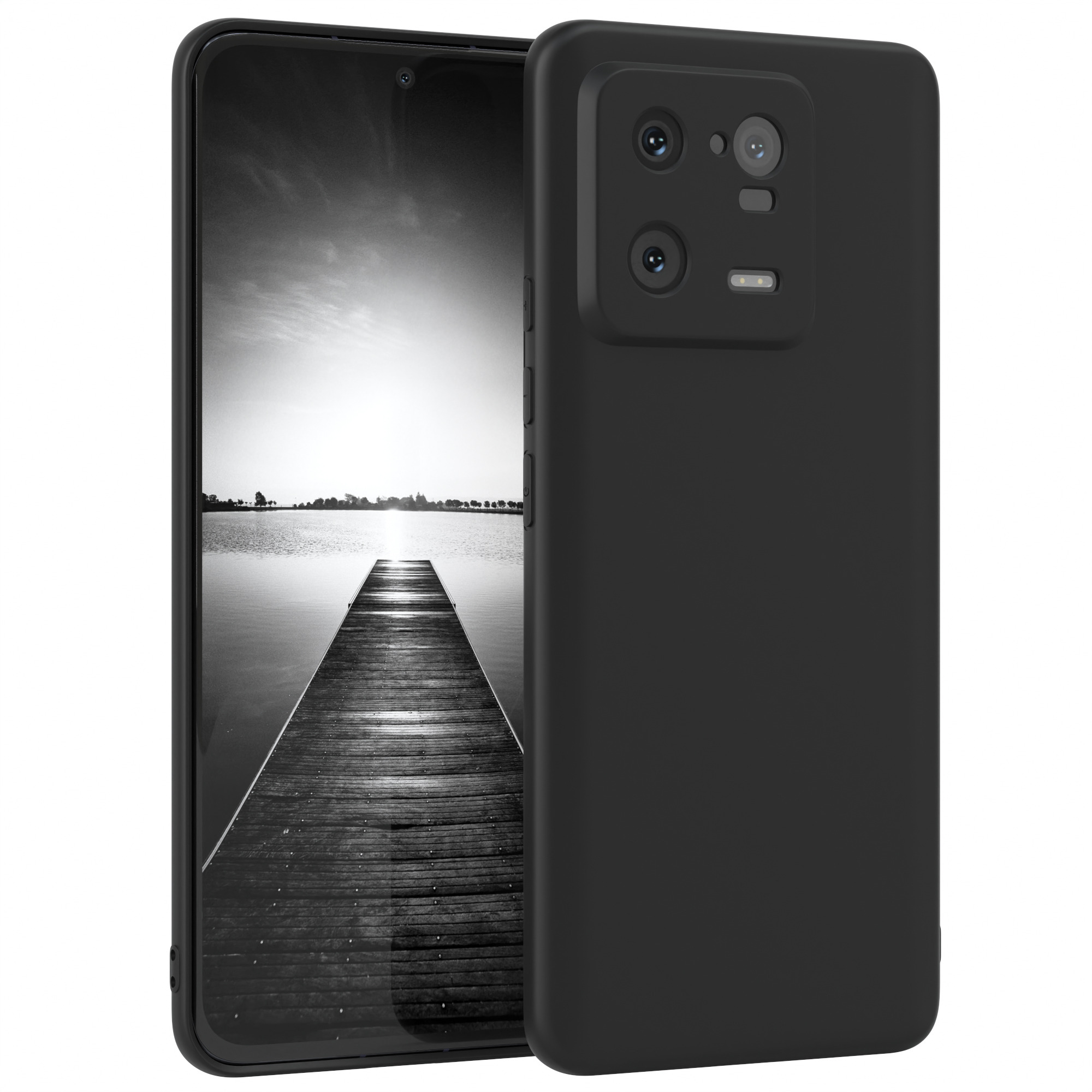 Schwarzes Telefon mit Hülle. Zwei Kameras. Bildschirm zeigt Schwarz-Weiß-Landschaft.