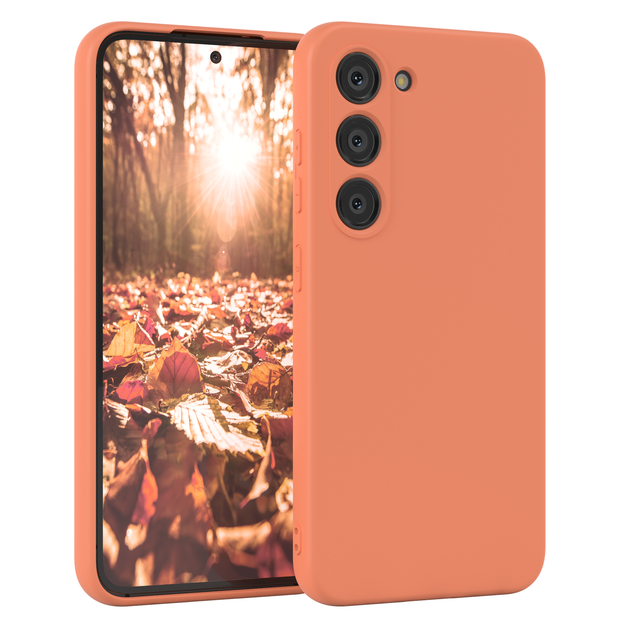 Orangenes Telefon mit Hülle, auf einem orangefarbenen, laubbedeckten Weg mit Bäumen im Hintergrund.