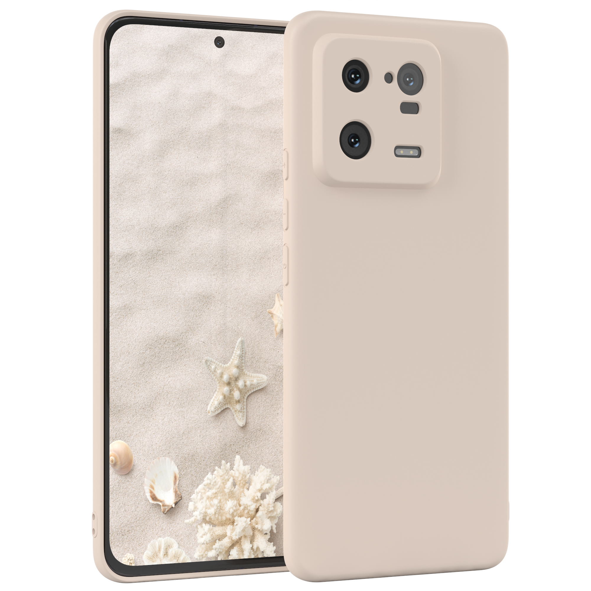 Eine beige Handyhülle neben einem Telefon, das eine Strandszene mit Muscheln und Seesternen zeigt.