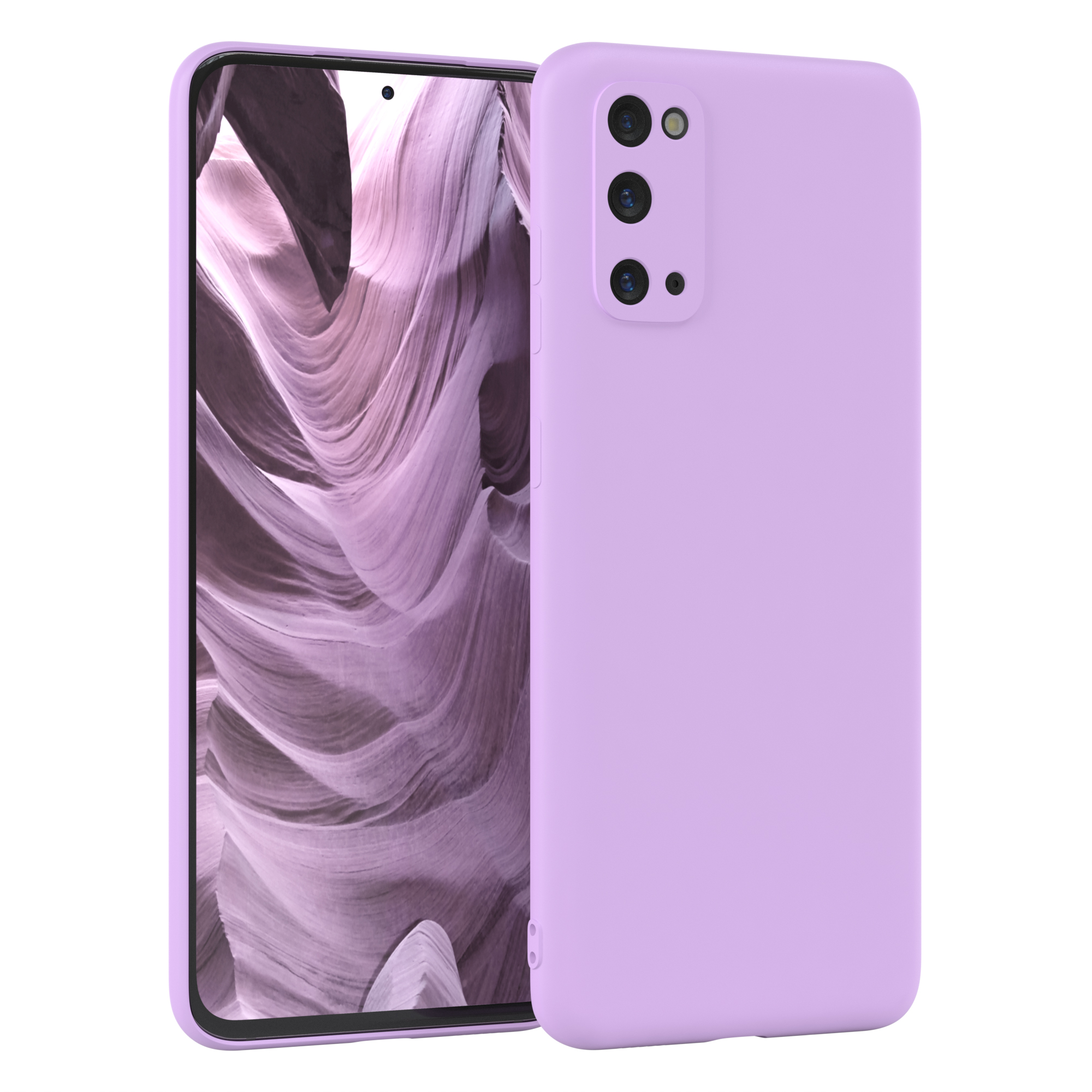 Eine hellviolette Handyhülle mit einem Handy darin, das ein wirbelndes lila und weißes Muster zeigt.