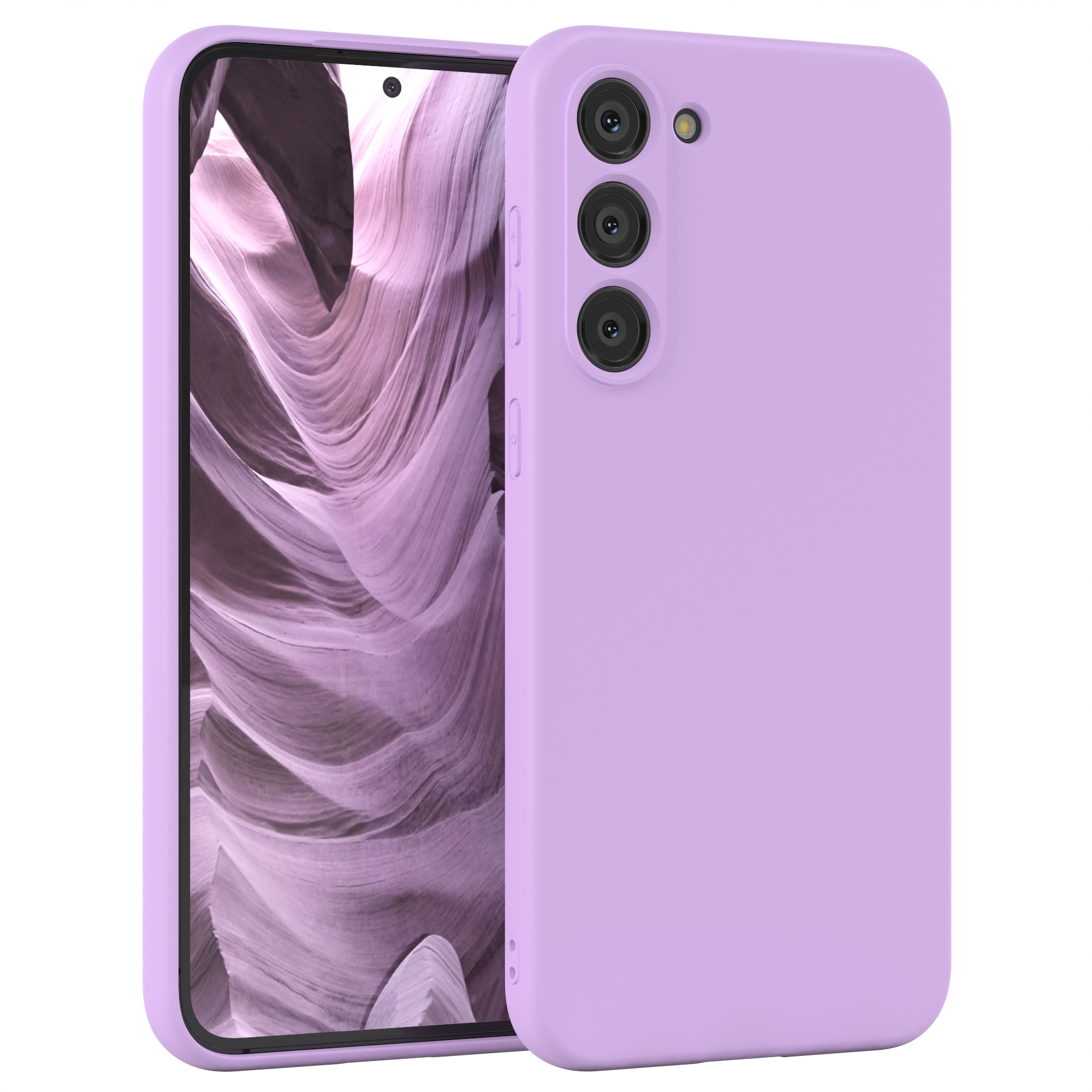 Lila Telefon mit Hülle, Bildschirm zeigt abstrakte Kunst. Die Hülle hat Kameralinsen.