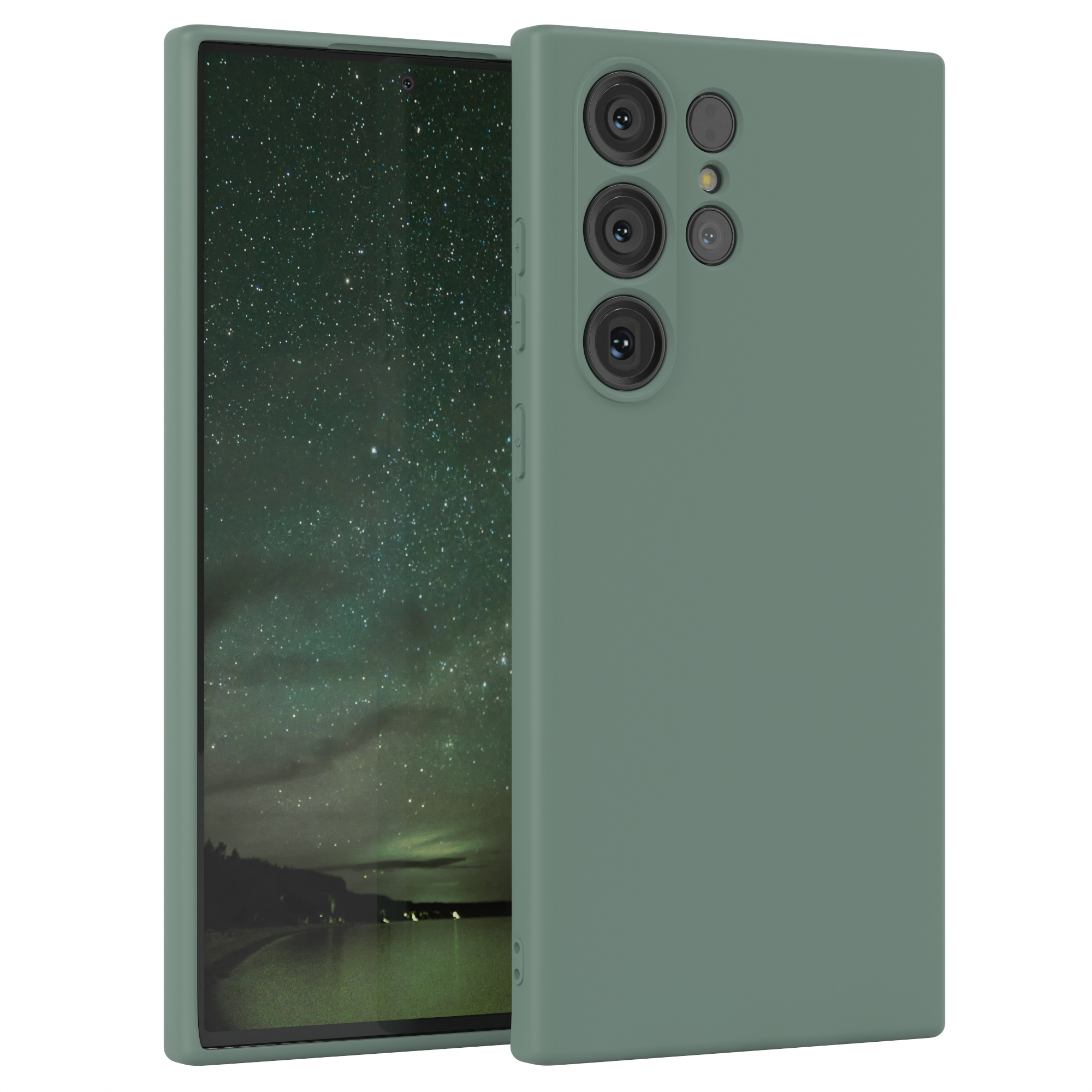 Grünes Telefon mit Hülle. Bildschirm zeigt Nachtszene mit Sternen und See.