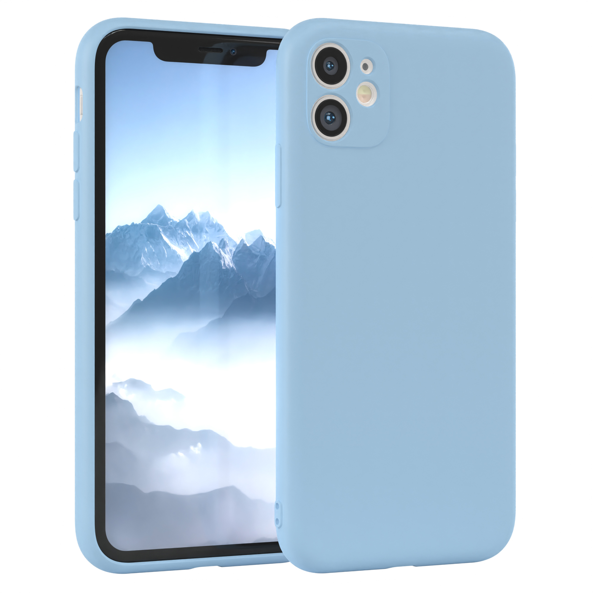 Hellblaue Handyhülle. Telefon zeigt Berge. Weißer Hintergrund.