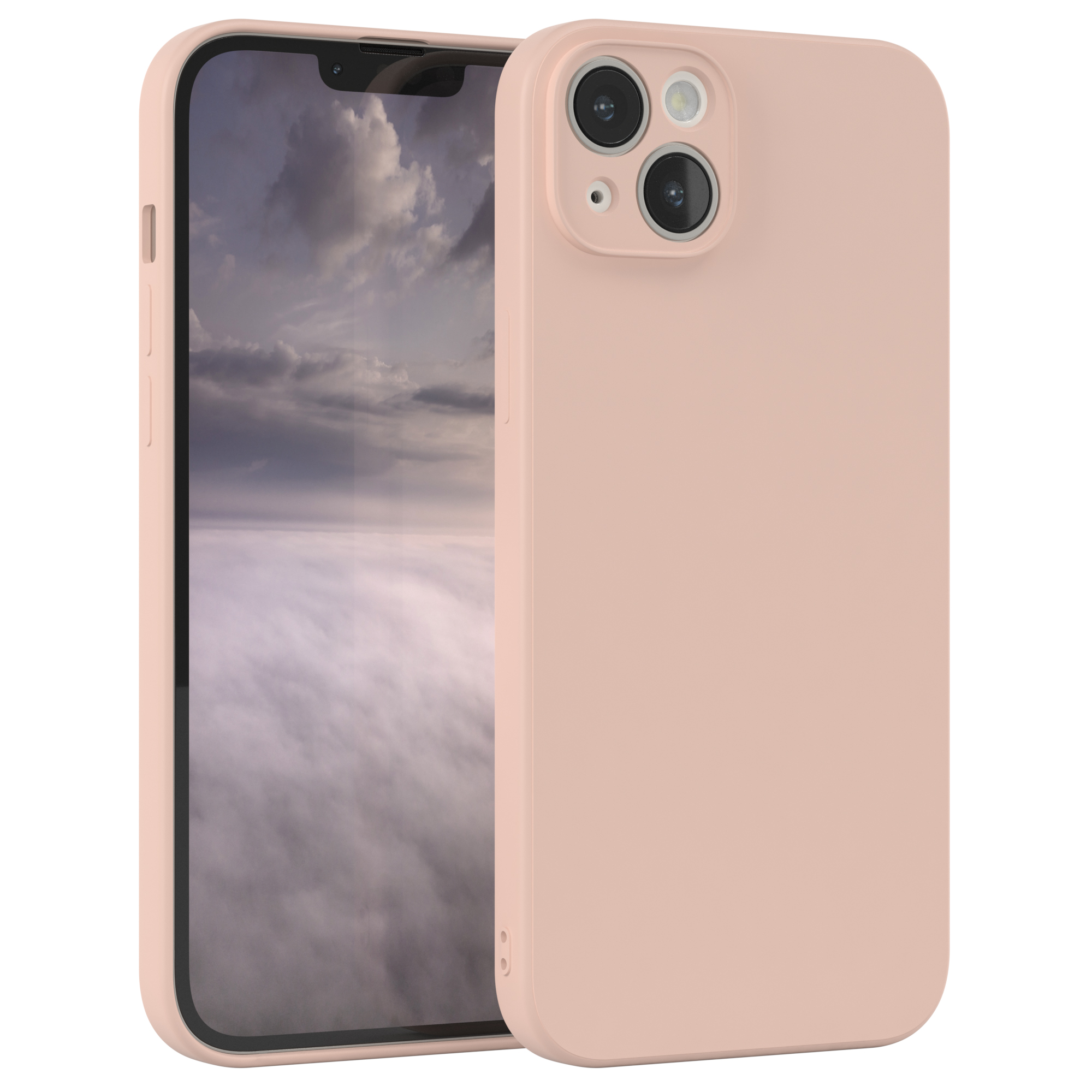 Zwei rosa Handyhüllen. Eine befindet sich auf einem Handy, das einen bewölkten Himmel zeigt.