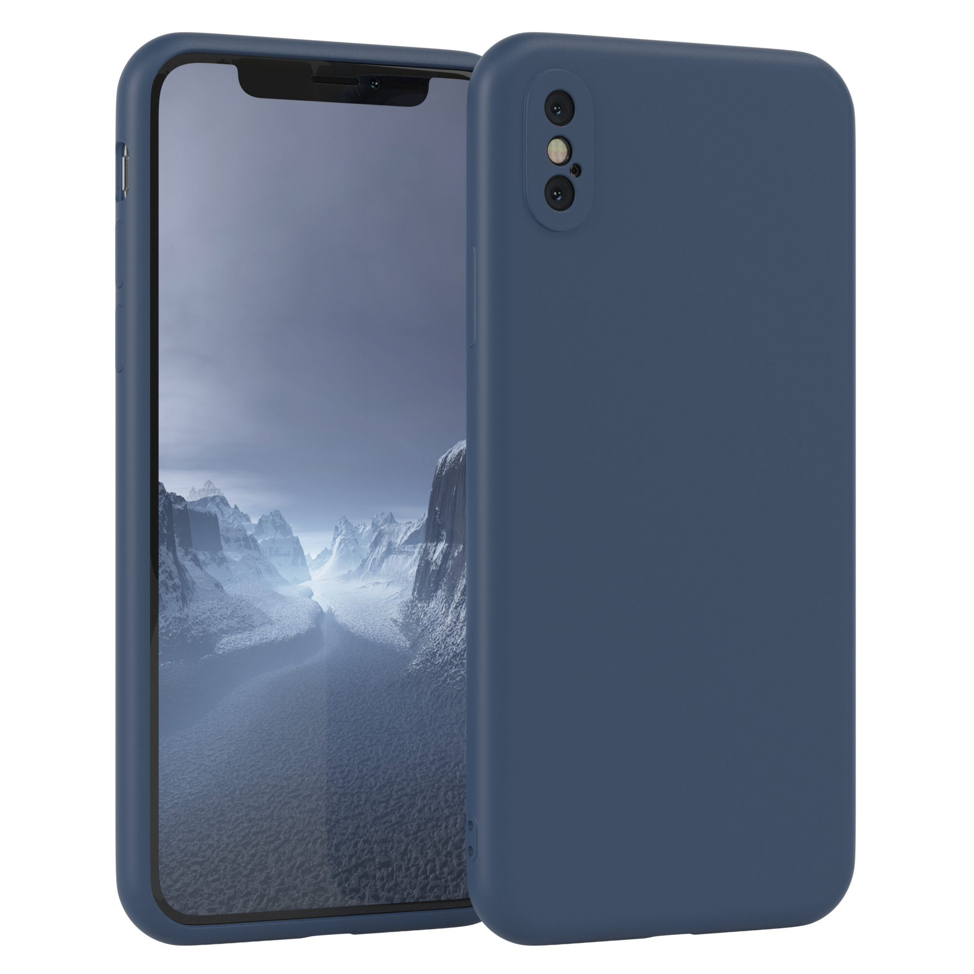 Eine dunkelblaue Handyhülle auf einem Telefon, der Hintergrund zeigt eine dunkelblaue Landschaft.