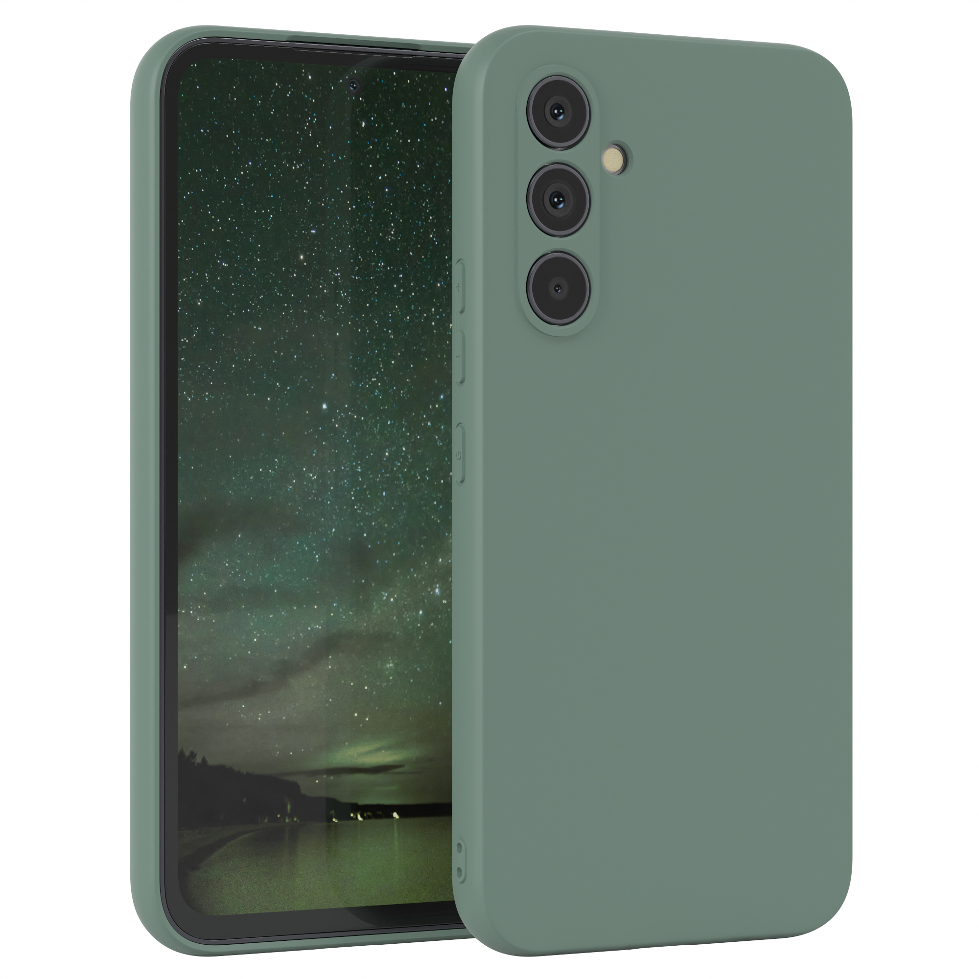 Grünes Telefon mit Hülle. Auf dem Bildschirm ist der Nachthimmel mit Sternen und See zu sehen.