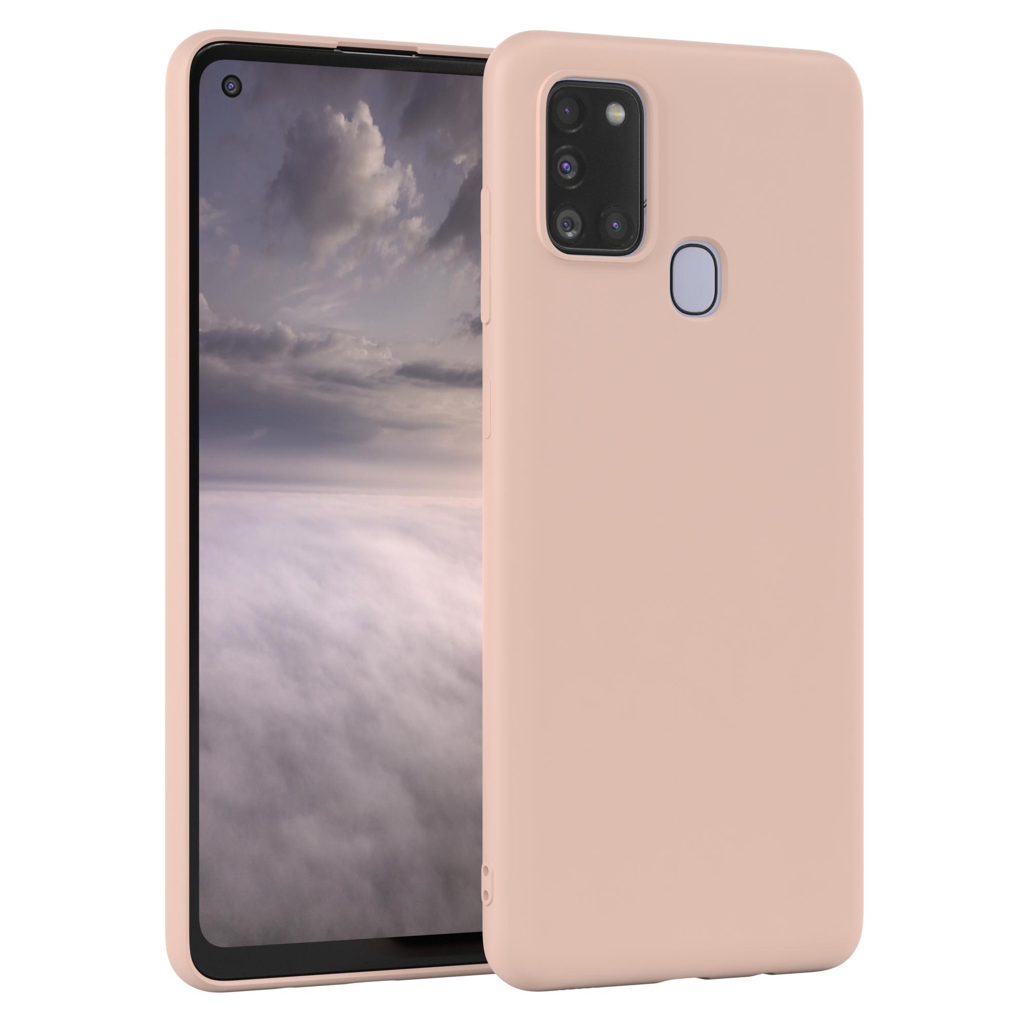 Ein hellrosa Telefon in einer Hülle steht geöffnet neben einem Telefonbildschirm, der einen bewölkten Himmel zeigt.