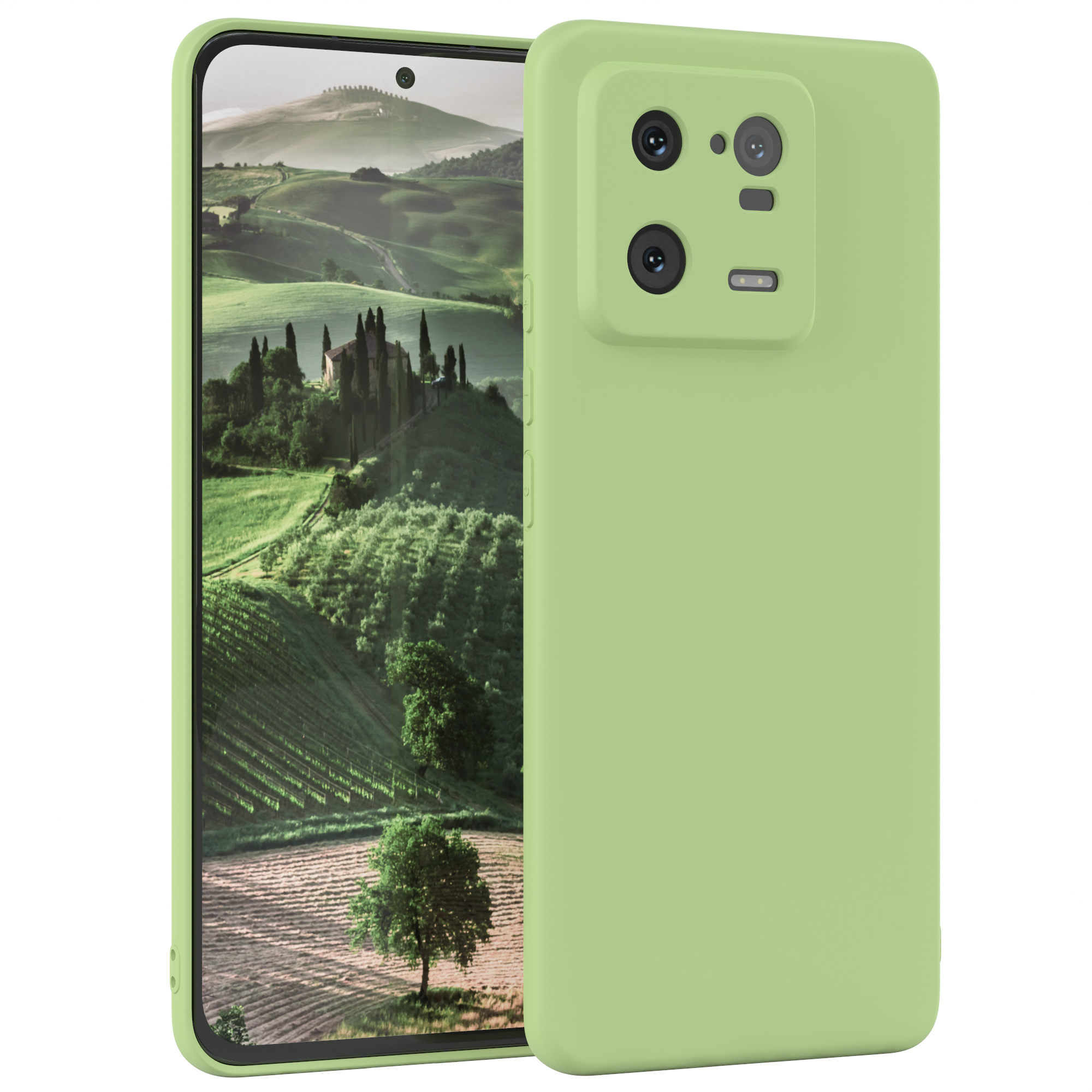 Grüne Handyhülle mit Handy. Das Handy zeigt eine Landschaft.