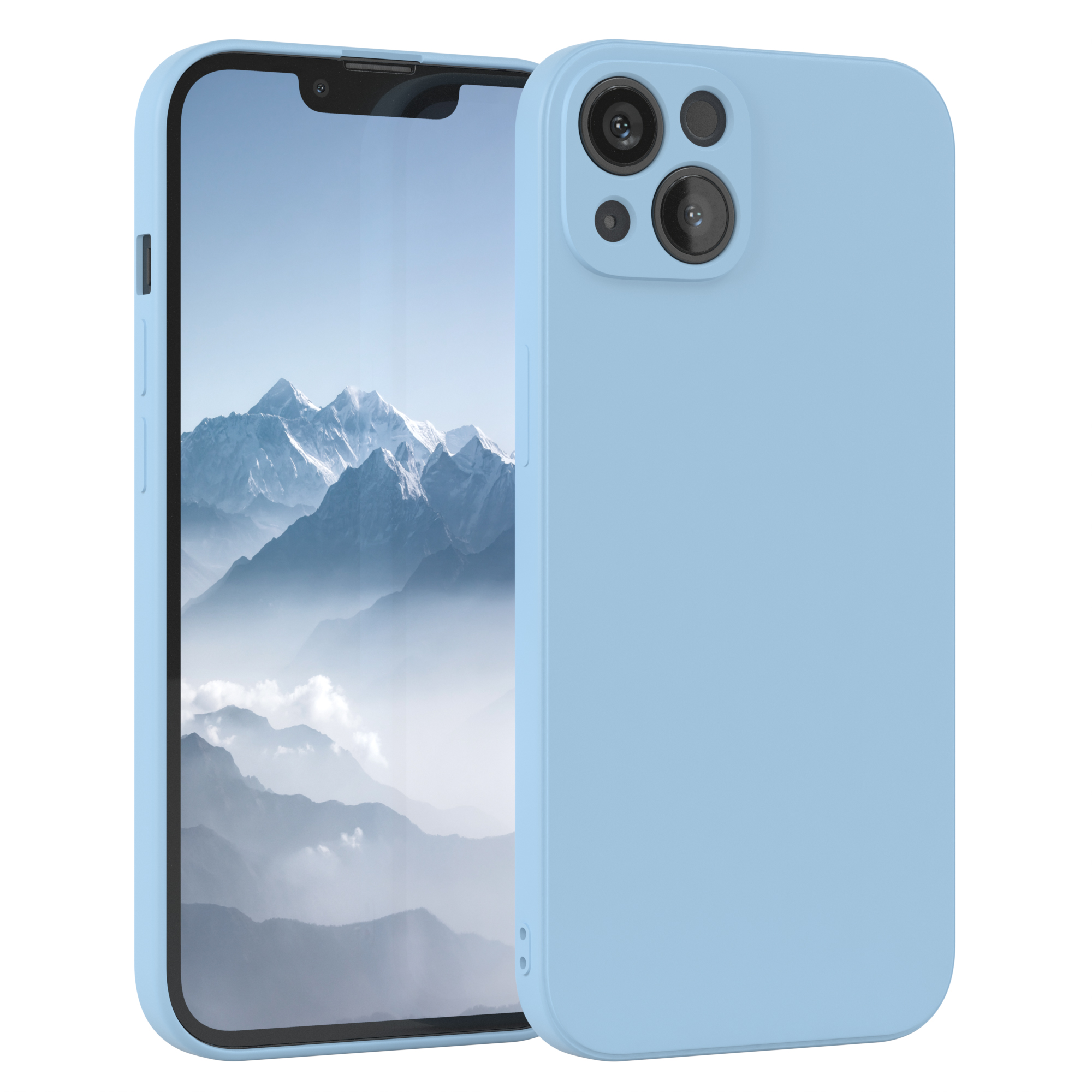 Hellblaue Handyhülle und Handy. Im Hintergrund eine Berglandschaft.