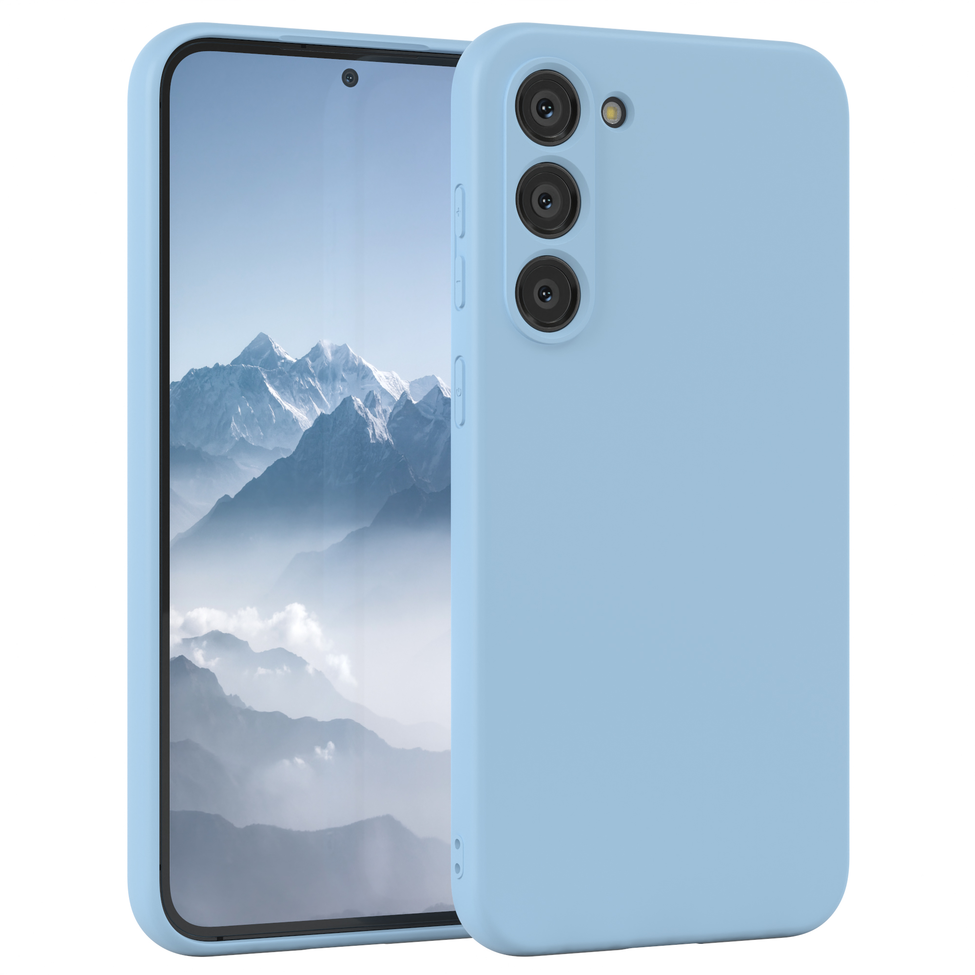 Hellblaue Handyhülle mit Telefon, zeigt die Kameraanordnung auf weißem Hintergrund.
