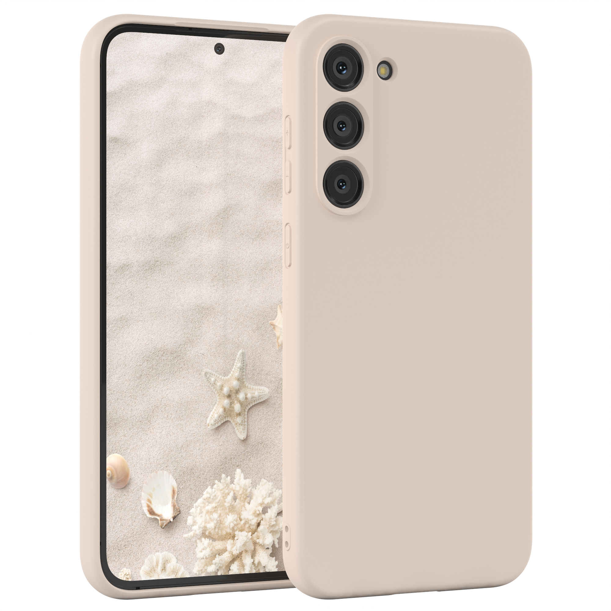Telefon mit beigefarbenem Case, Hintergrund: Strandszene mit Muscheln.