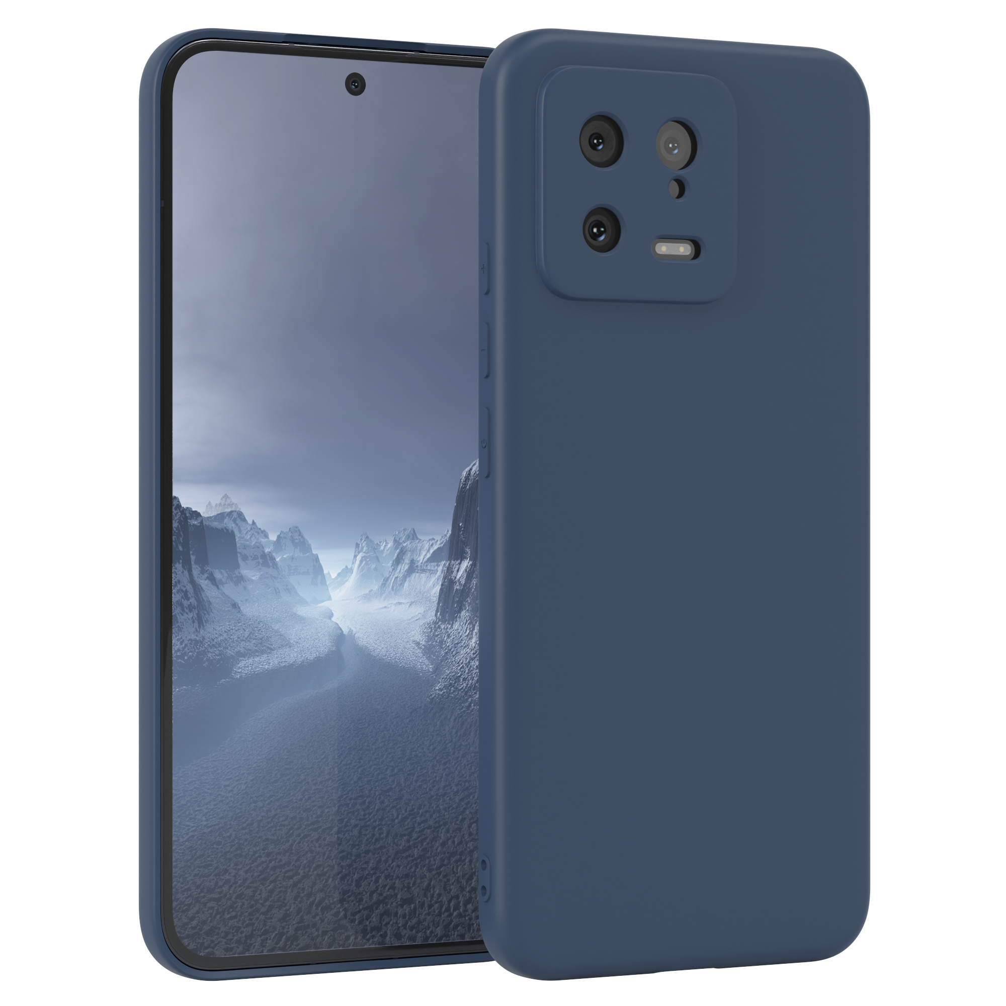 Eine blaue Handyhülle auf einem Handy mit Berglandschaft auf dem Bildschirm. Das Telefon ist marineblau.