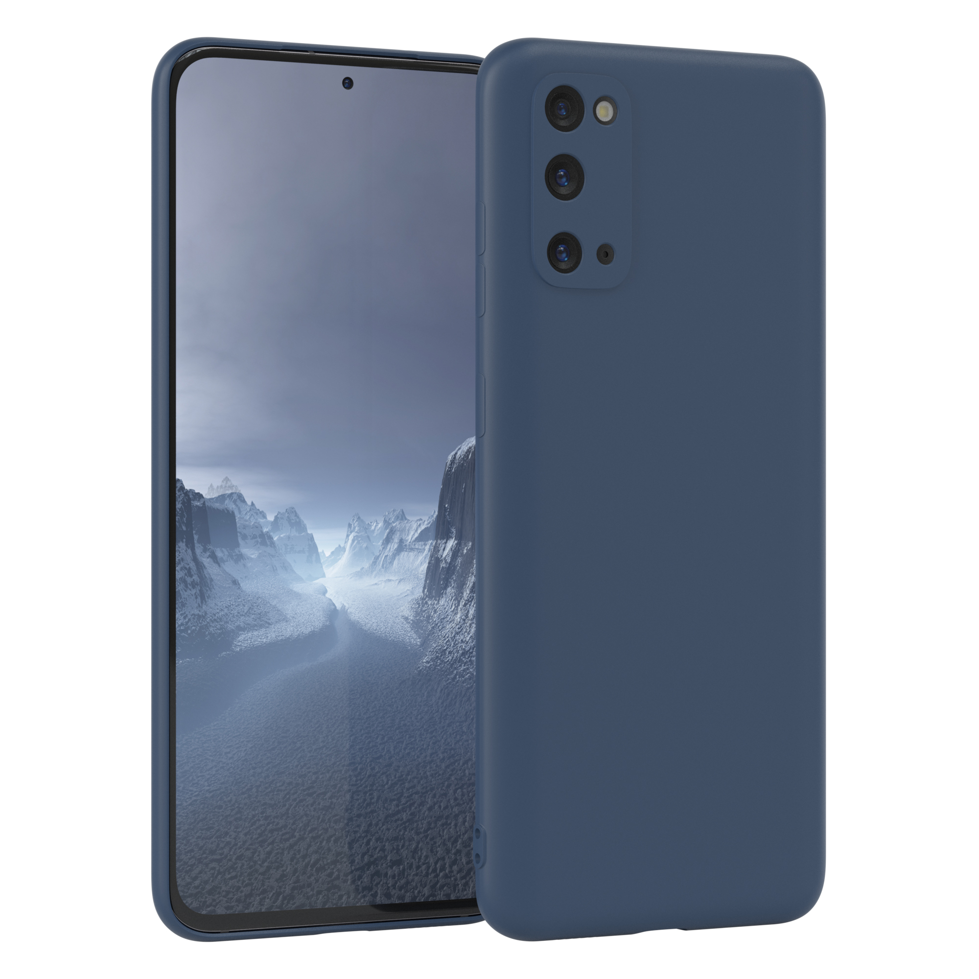 Marineblaue Handyhülle mit einem Handy, das eine Berglandschaft zeigt.
