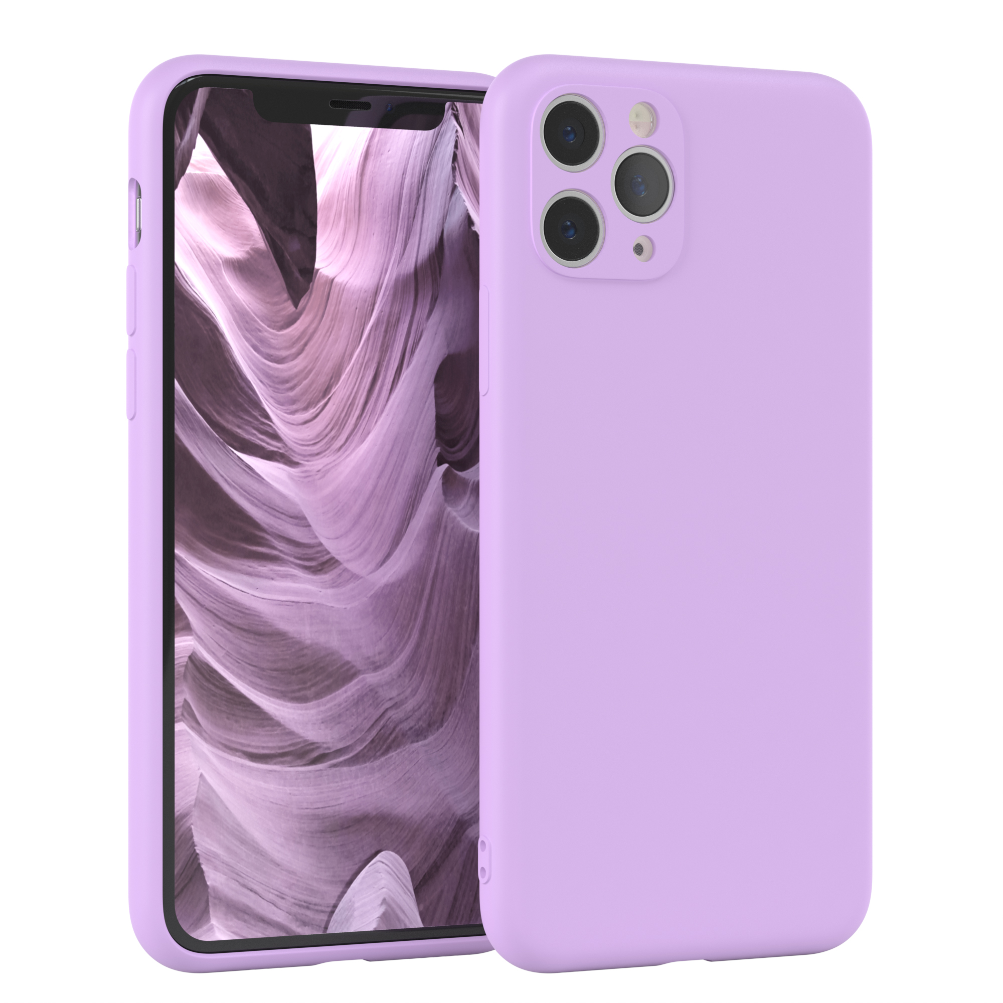 Helllila Telefon mit Hülle. Das Display hat ein wellenförmiges Muster.