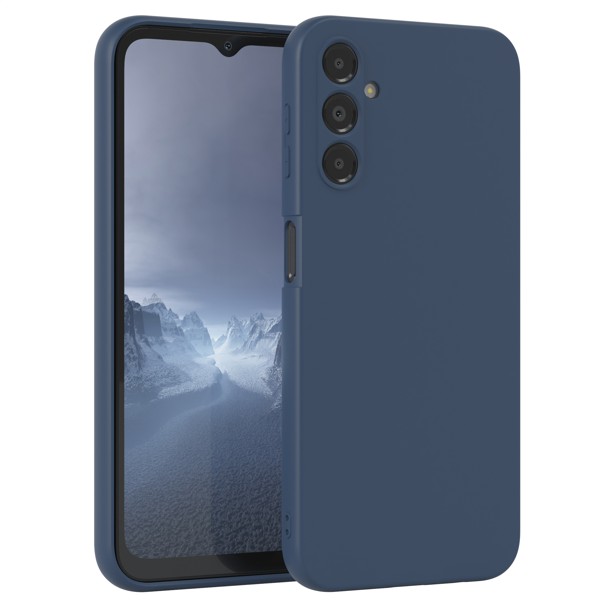 Blaues Telefon in einer dunkelblauen Hülle. Der Bildschirm des Telefons ist sichtbar. Die Hülle hat Kameraaussparungen.