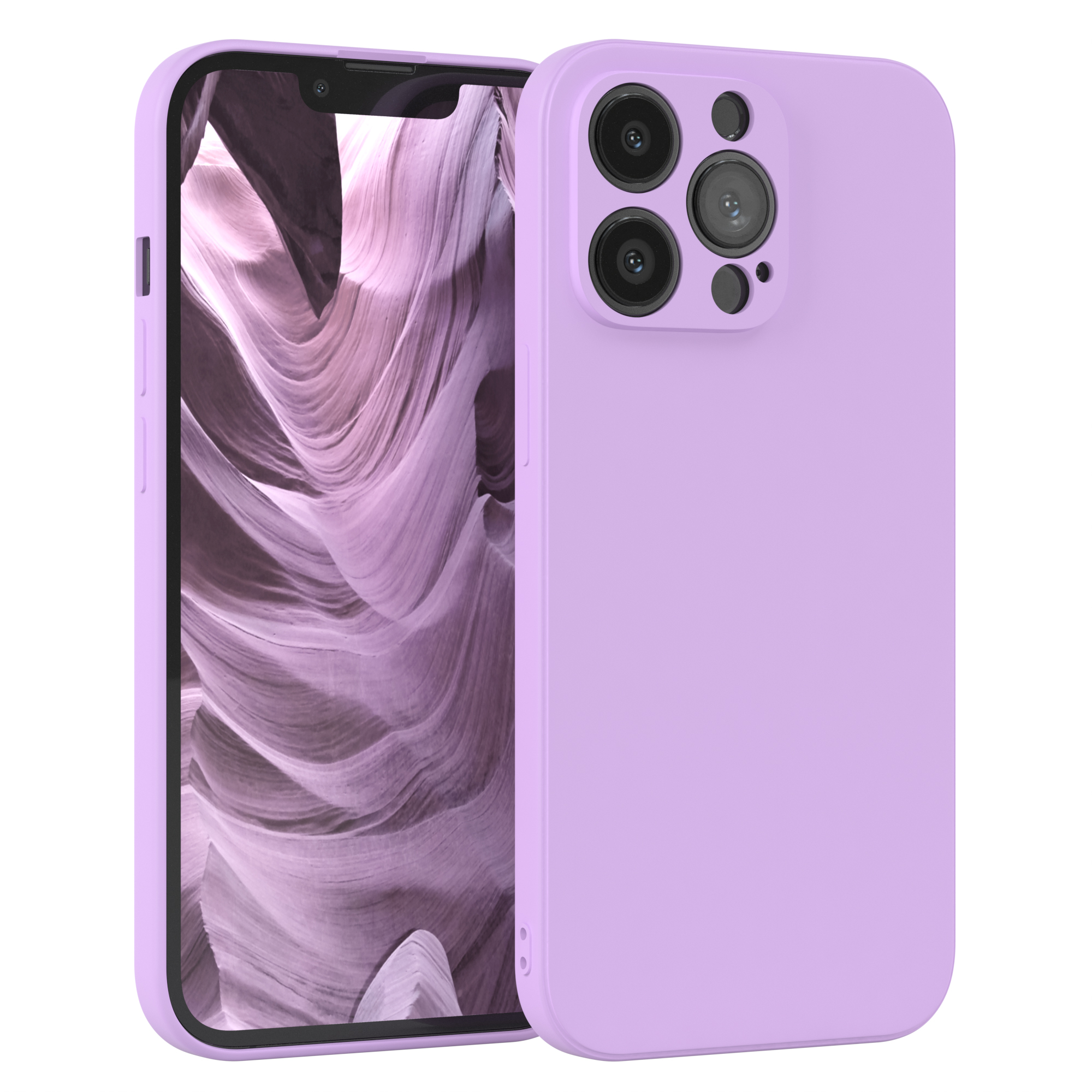 Lila Handyhülle mit Telefon, drei Kameras hinten. Bildschirm zeigt helle Landschaft.