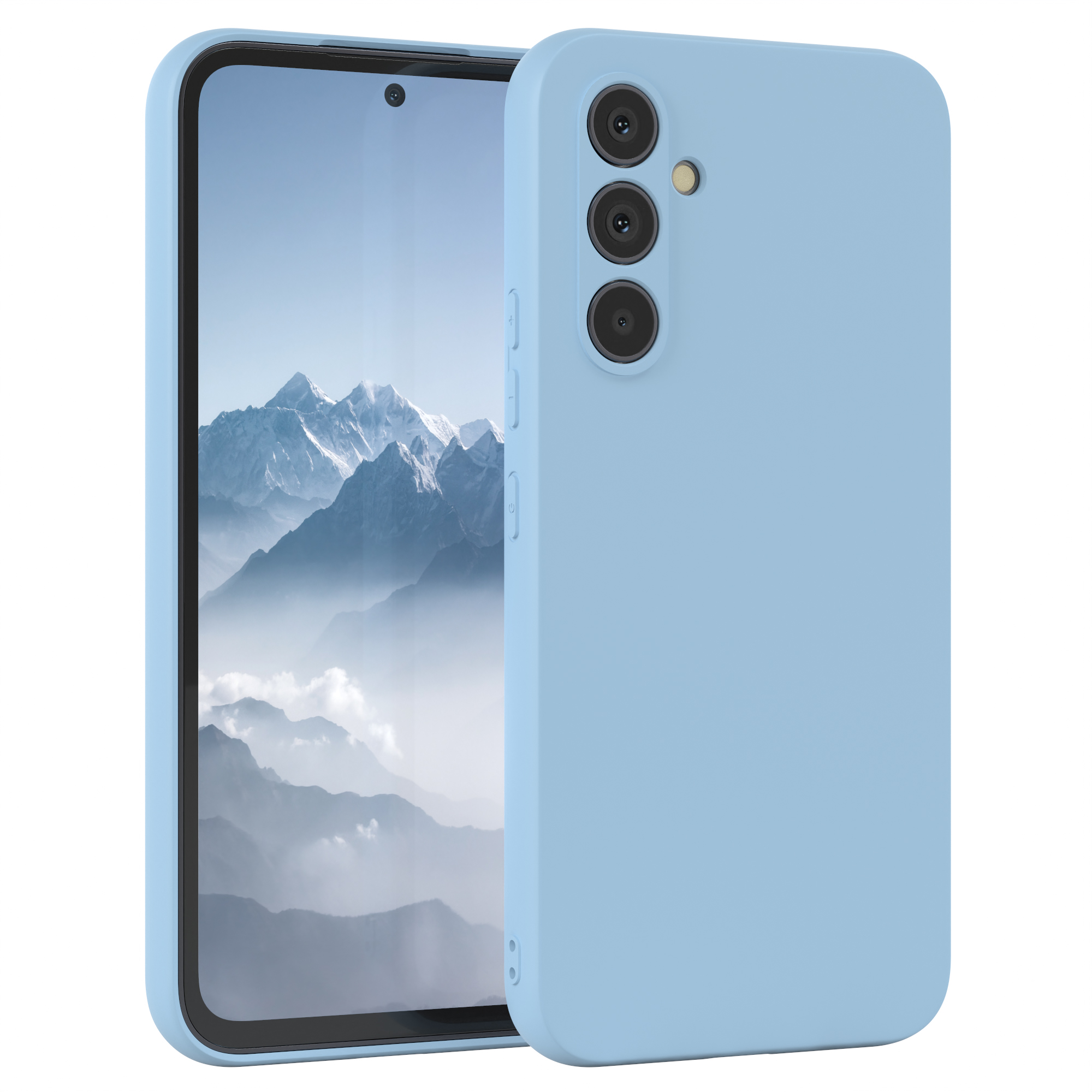 Ein hellblaues Telefon in einer hellblauen Hülle wird mit einer Seitenansicht der Hülle gezeigt.
