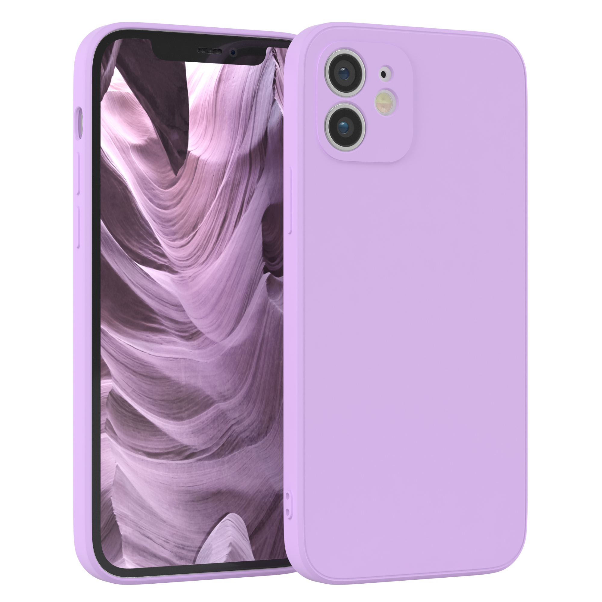Lila Telefon und Handyhülle auf weißem Hintergrund. Das Telefon ist in der Hülle und lila.
