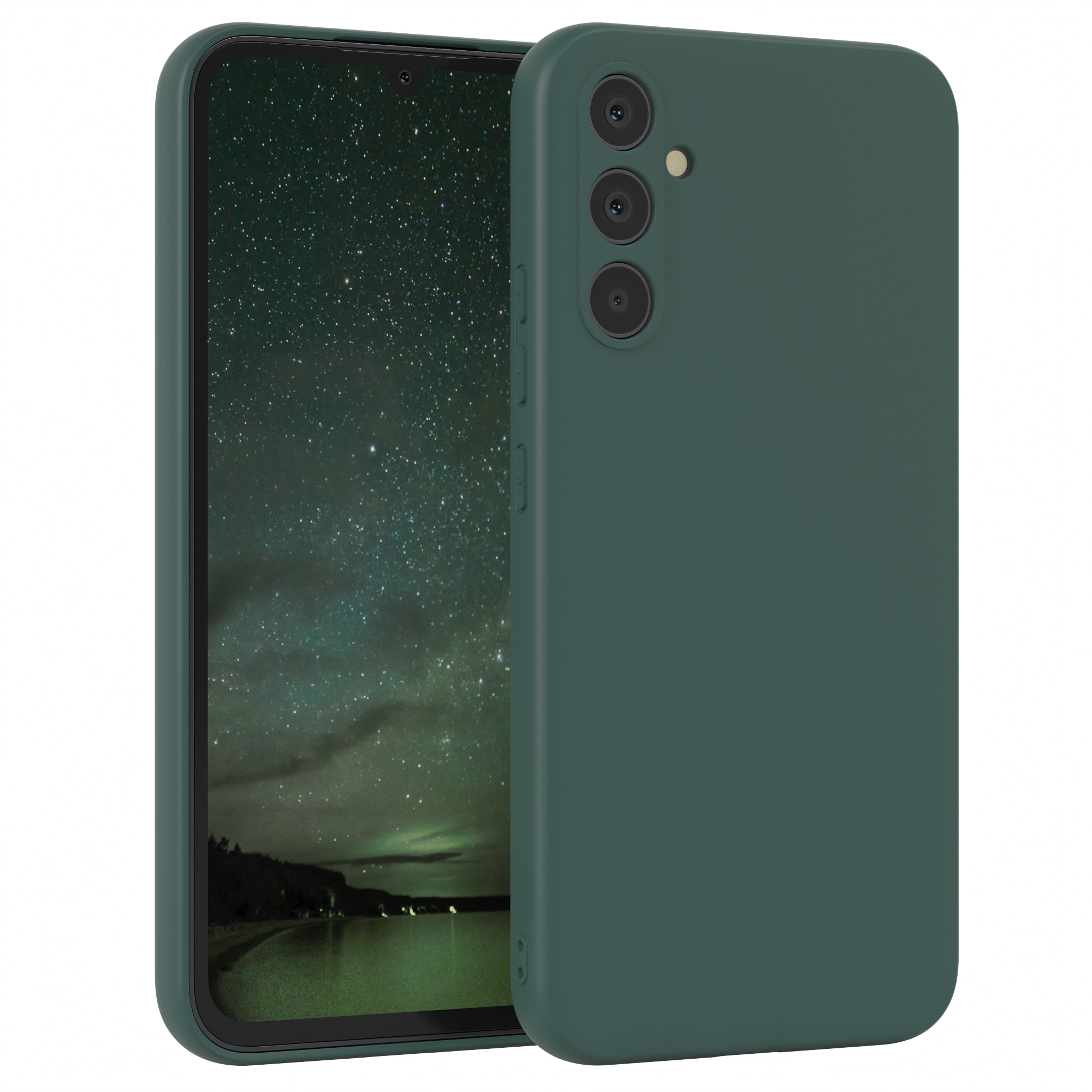 Eine dunkelgrüne Handyhülle bedeckt ein Smartphone; ein Nachthimmel mit Sternen ist sichtbar.
