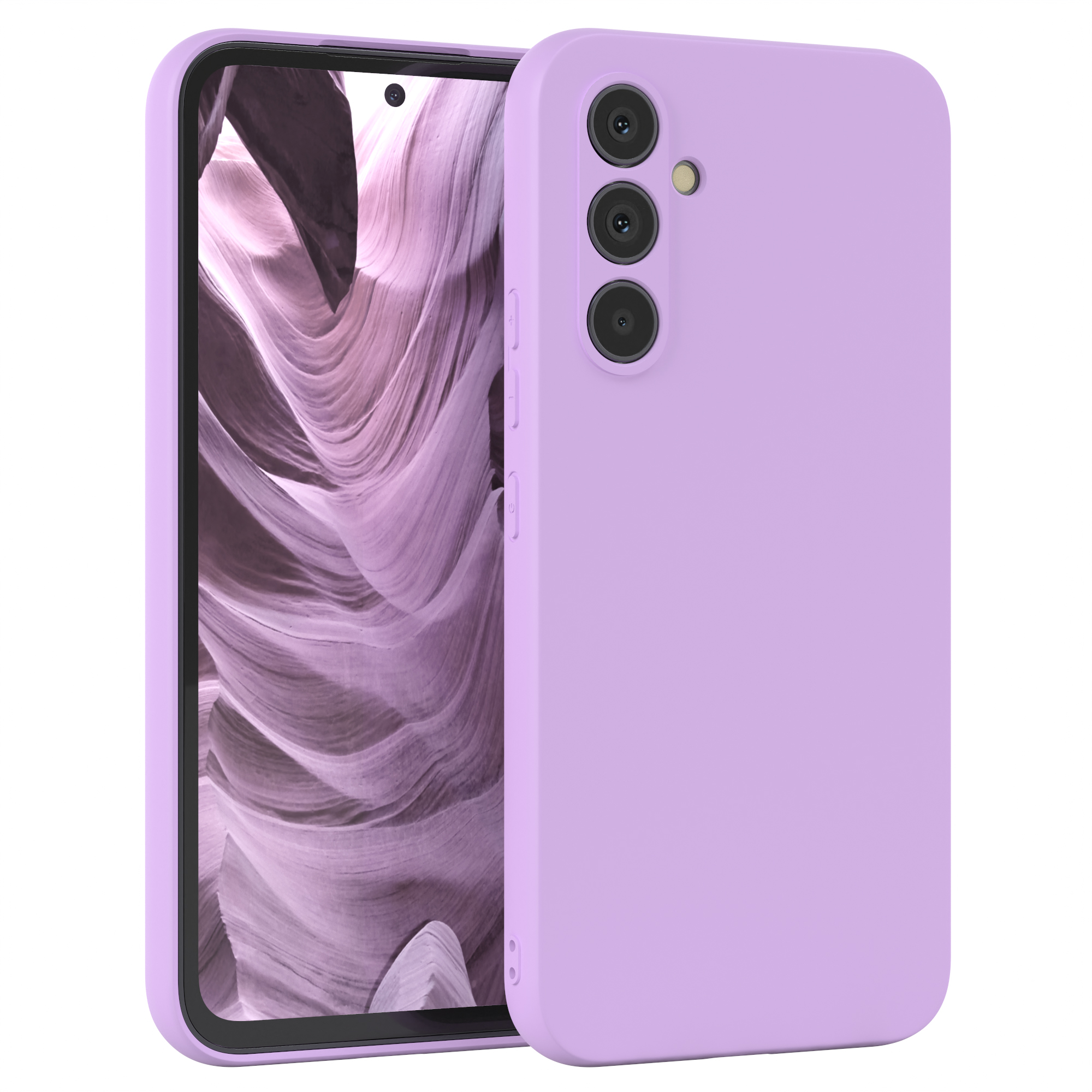 Helllila Handyhülle mit Telefon, das eine Schluchtszene zeigt.