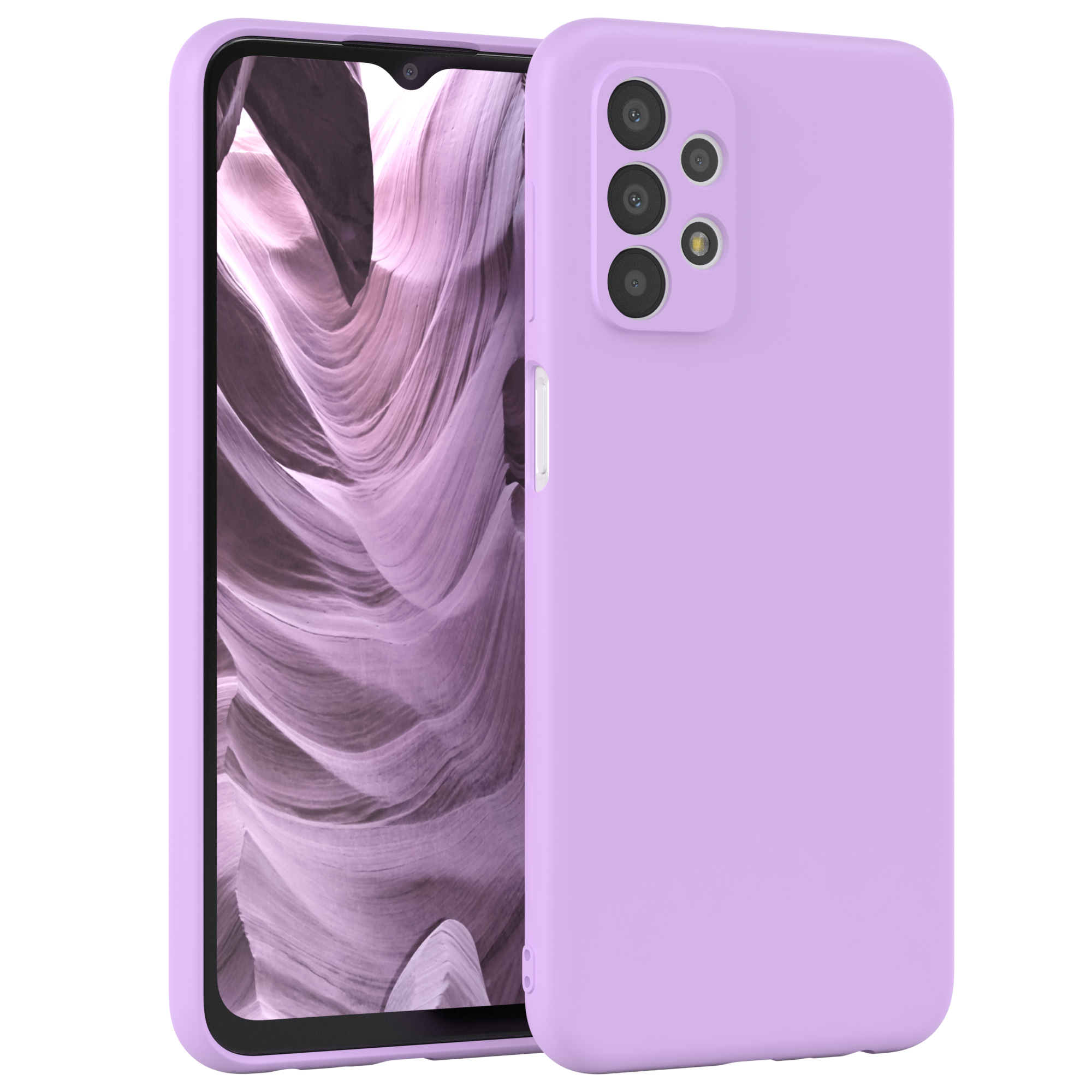 Helllila Telefon mit Hülle. Das Display zeigt ein wellenförmiges Muster.