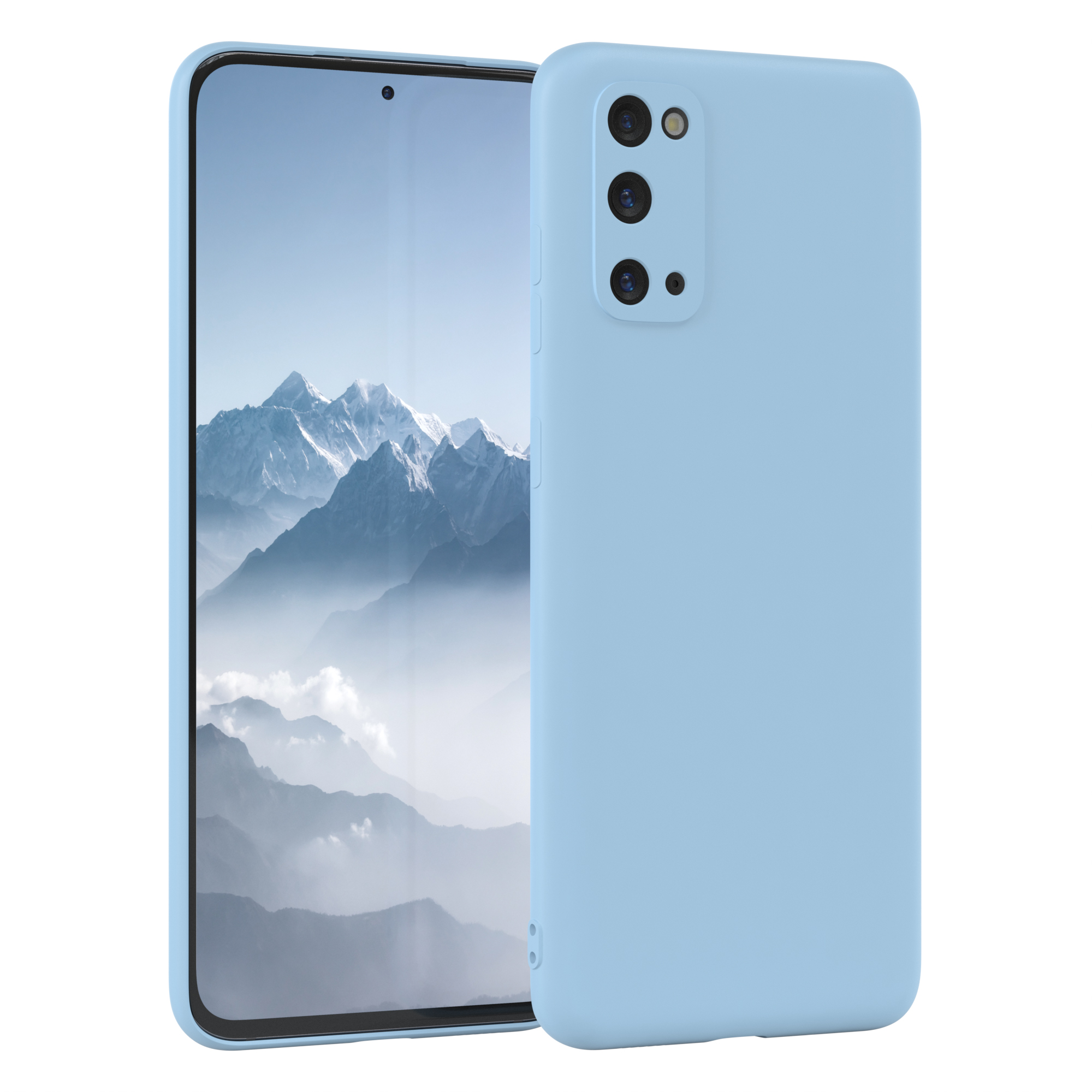 Eine blaue Handyhülle mit einem hellblauen Telefon und einem schneebedeckten Berg im Hintergrund.