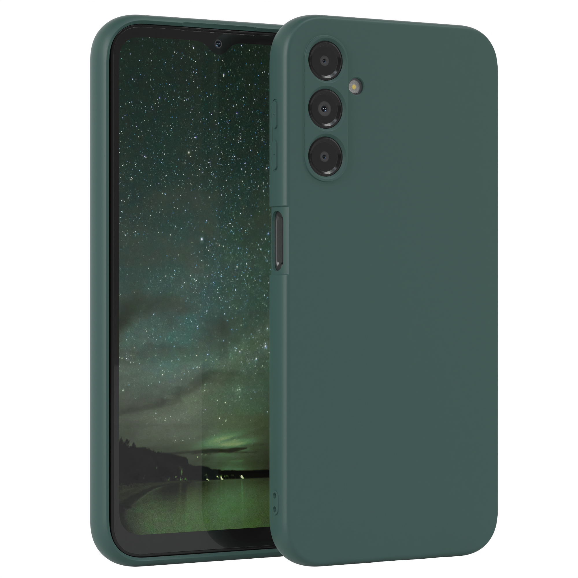 Grüne Handyhülle mit Handy. Sternennacht. Drei Kameralinsen.