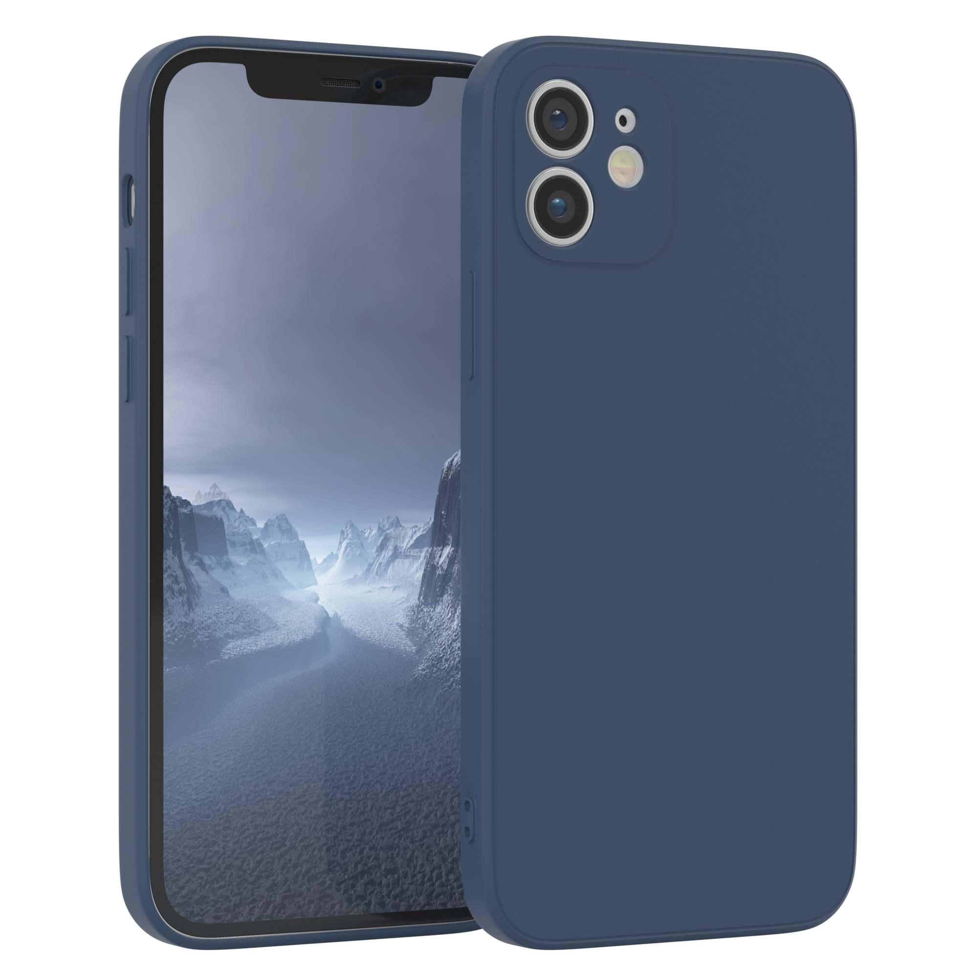 Marineblaue Handyhülle mit einem Handy, das eine Bergansicht zeigt.