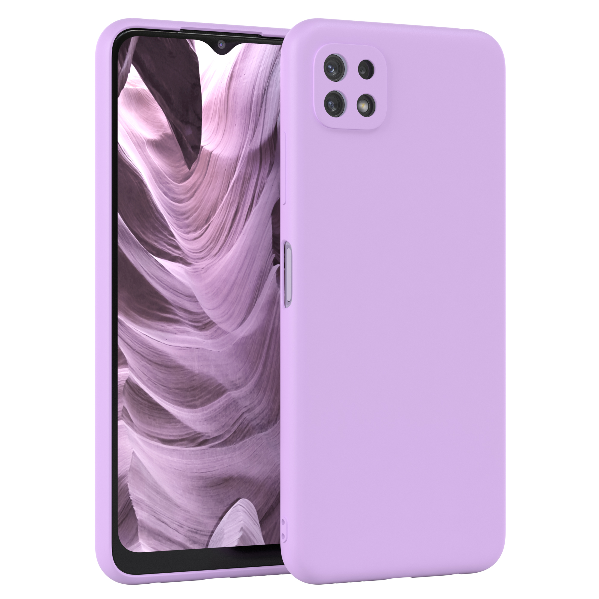 Lila Handyhülle auf Telefon. Zeigt eine Canyon-Landschaft. Telefon auf weißem Hintergrund.