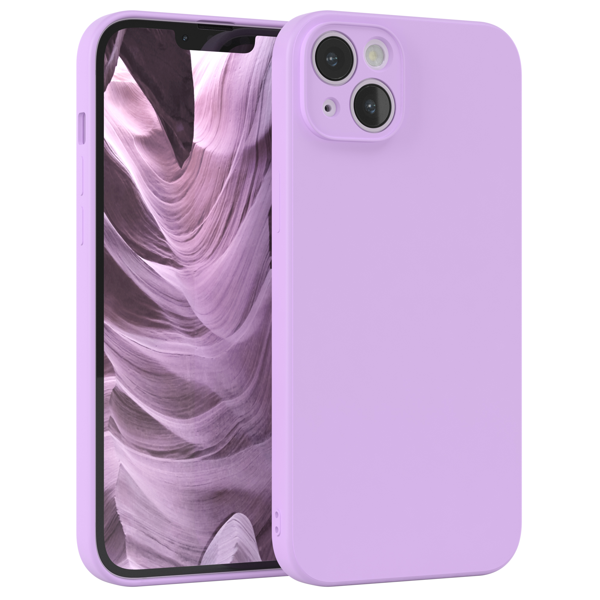 Eine hellviolette Handyhülle mit einem Telefon darin. Das Telefon hat einen Hintergrund mit welliger Felsstruktur.
