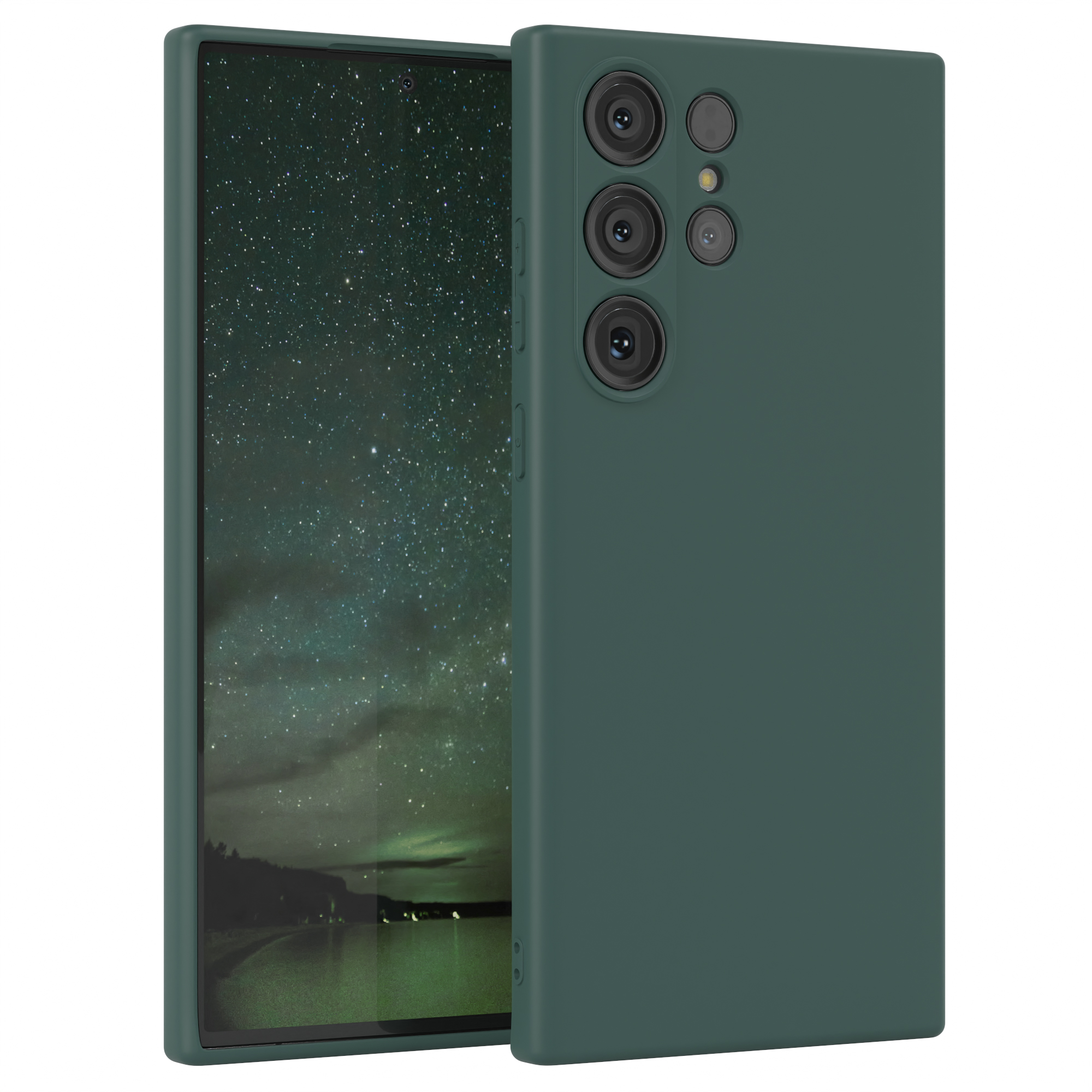 Ein dunkelgrünes Telefon in einer Hülle, mit einer Nachthimmel-Szene. Das Telefon hat Kameras.