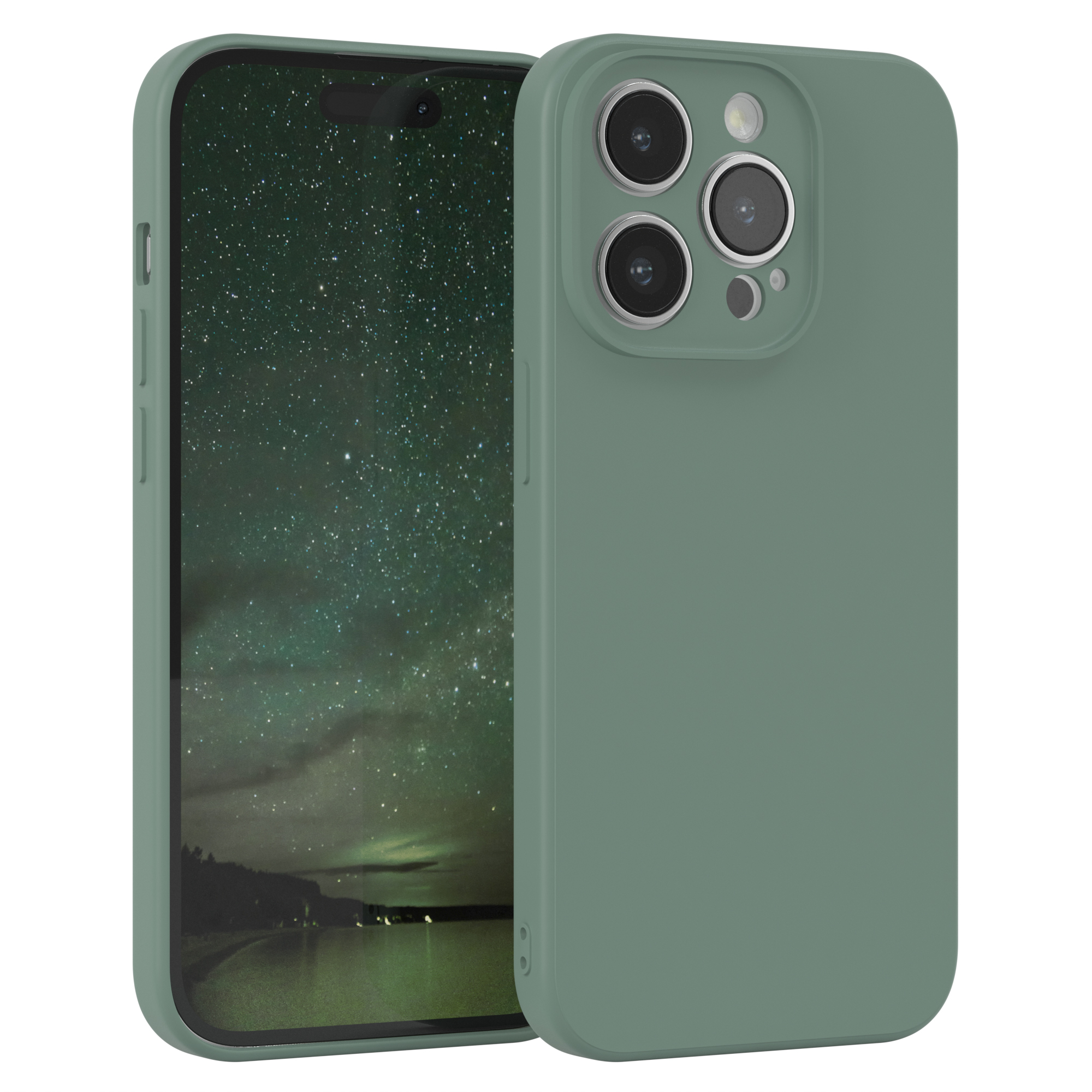 Grüne Handyhülle mit Telefon. Das Telefon zeigt ein Nachthimmelbild. Das Gehäuse hat drei Kameralinsen.