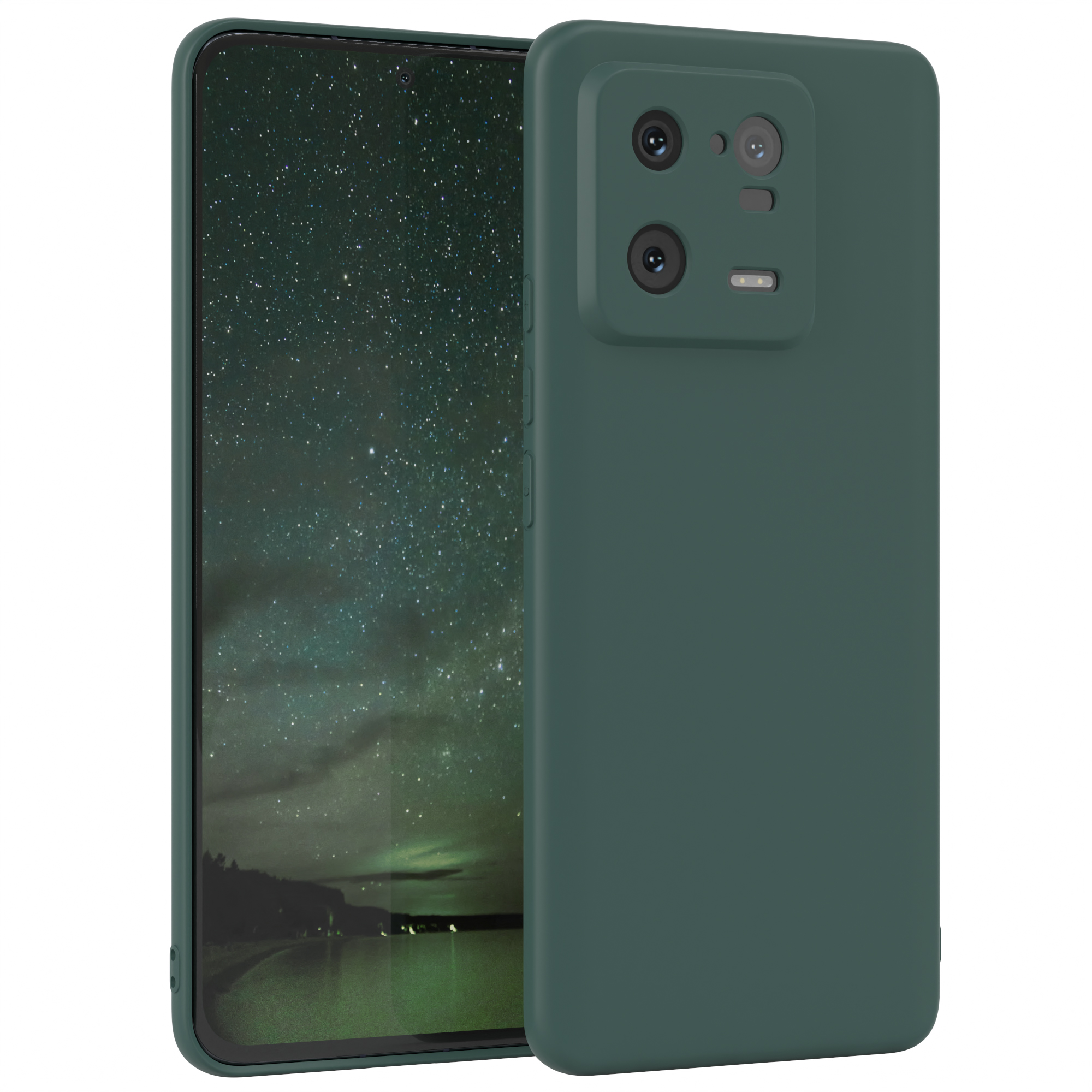 Grünes Telefon mit Naturtapete in einer grünen Hülle.